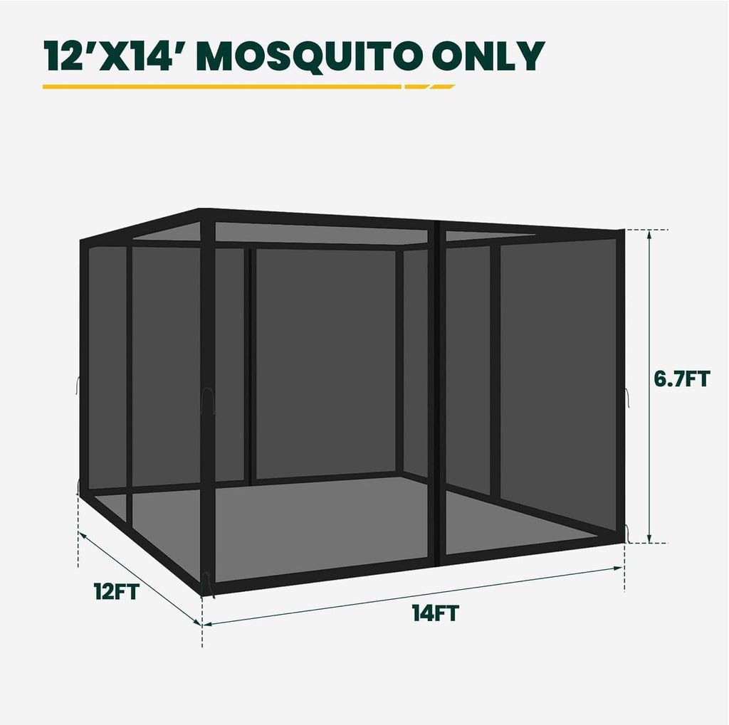 Gazebo Universal Replacement Mosquito Netting, Upgrade 12' x 14' Outdoor Canopy Net Screen 4-Panel Sidewall Curtain, with Zippers, Easy to Install, Fit for Most Gazebo 12x14 Canopy, Black