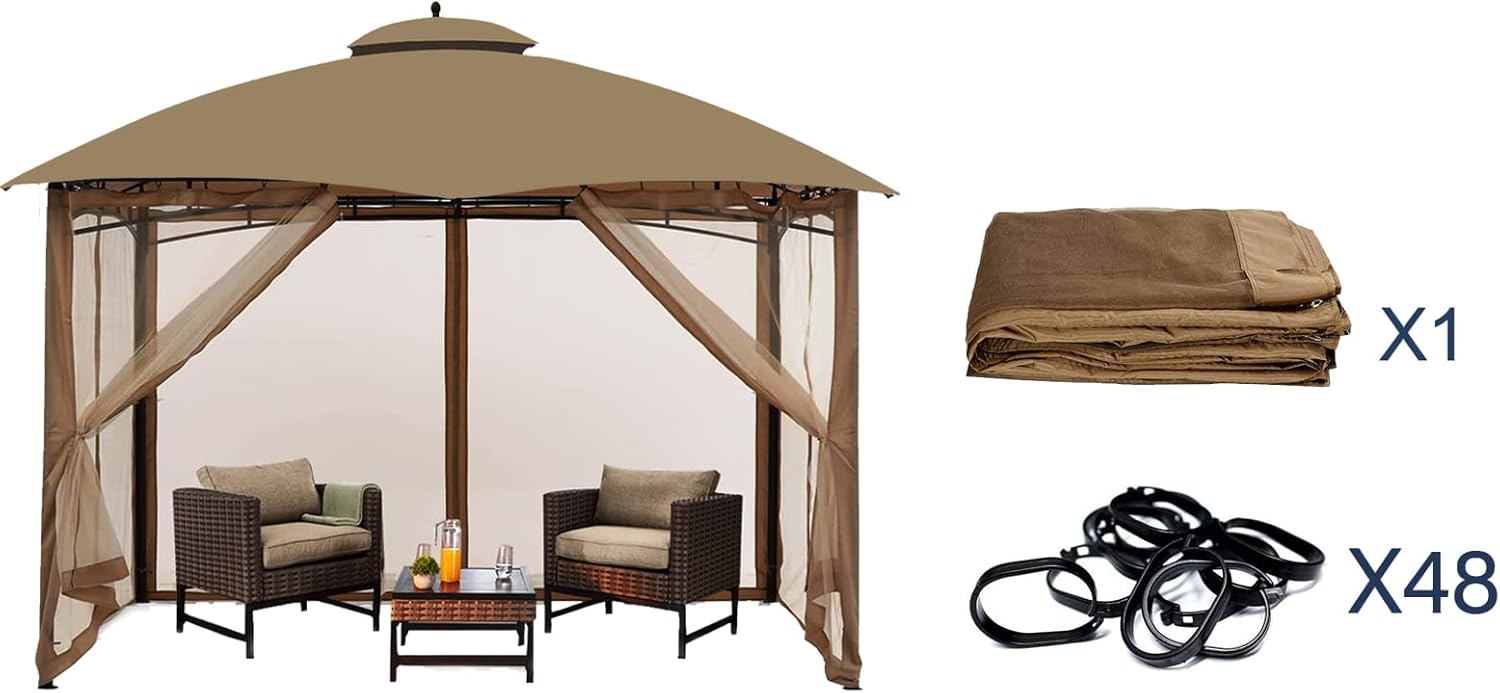 Gazebo Universal Replacement Mosquito Netting – Hugline 10' x 10' Outdoor Mesh Netting Screen 4-Panel Sidewall Curtain with Zipper (Khaki)