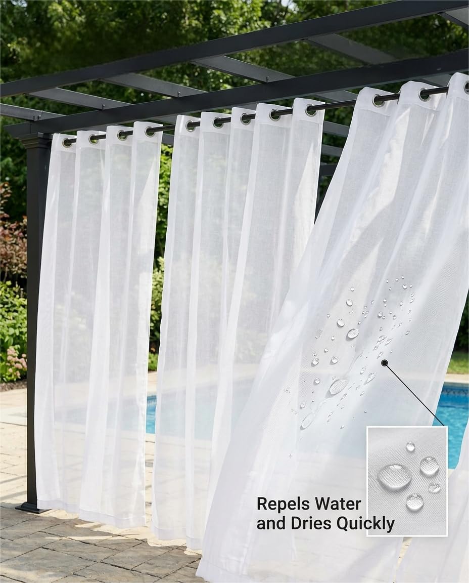 HolidayIdeas White Outdoor Sheer Curtains for Patio Waterproof, 4 Panels - 54 x 84 Inch - Light Filtering Voile Outside Curtains Grommet Drapes for Front Porch, Gazebo, Pergola, Backyard