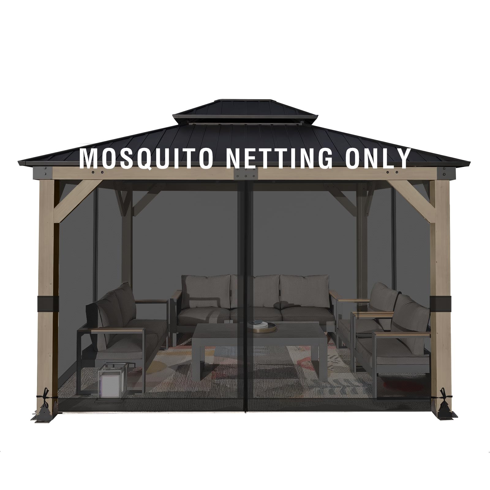 Aoodor Universal 12x12 ft Gazebo Mosquito Netting, Replacement 4-Panel Sidewalls with Double Zippers for Patio, Backyard, Deck, and Lawn (Netting Only, Gray)