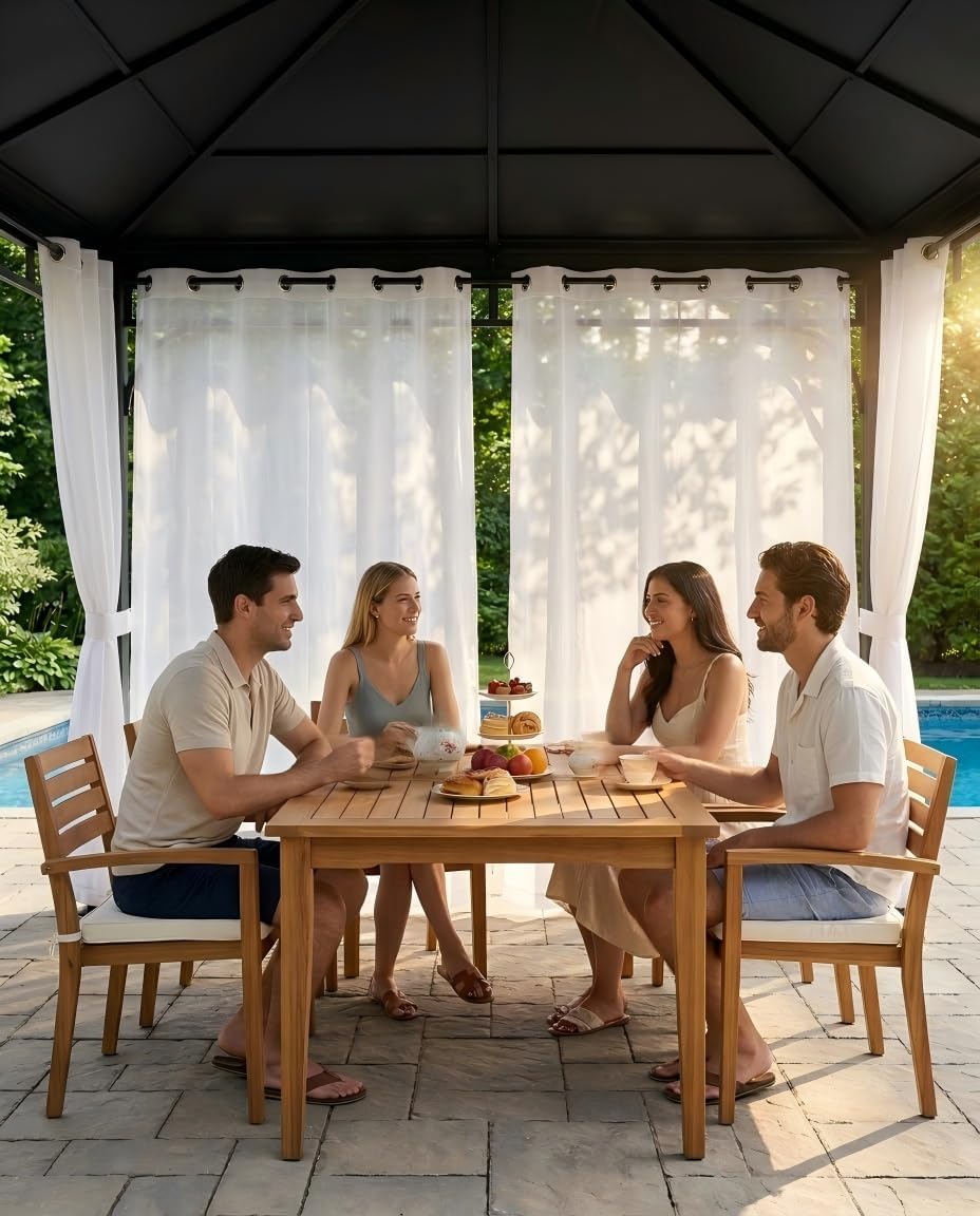 HolidayIdeas White Outdoor Sheer Curtains for Patio Waterproof, 4 Panels - 54 x 84 Inch - Light Filtering Voile Outside Curtains Grommet Drapes for Front Porch, Gazebo, Pergola, Backyard