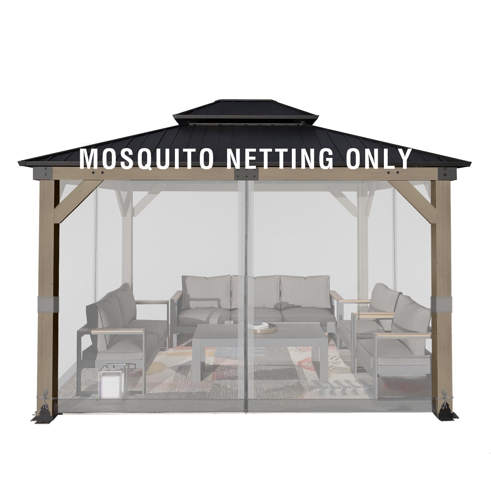 Aoodor Universal 12x12 ft Gazebo Mosquito Netting, Replacement 4-Panel Sidewalls with Double Zippers for Patio, Backyard, Deck, and Lawn (Netting Only, Gray)