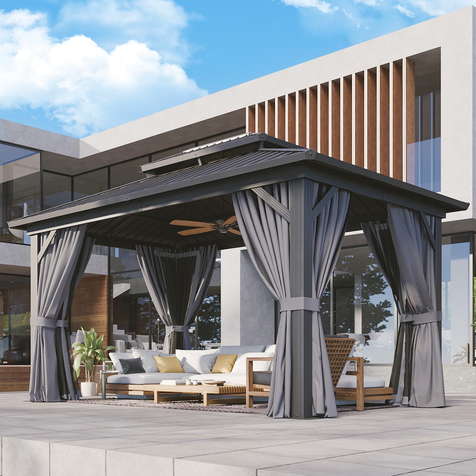 Aoxun 10x12 Gazebo Hardtop Gazebo with Double Galvanized Steel Roof Outdoor Pavilion with Breathable Netting and Privacy Curtain for Backyard (Gray)