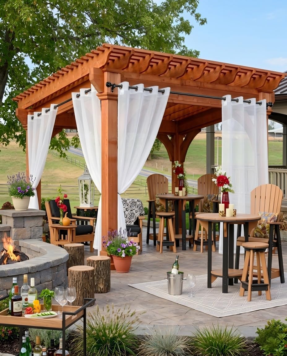 HolidayIdeas White Outdoor Sheer Curtains for Patio Waterproof, 4 Panels - 54 x 84 Inch - Light Filtering Voile Outside Curtains Grommet Drapes for Front Porch, Gazebo, Pergola, Backyard