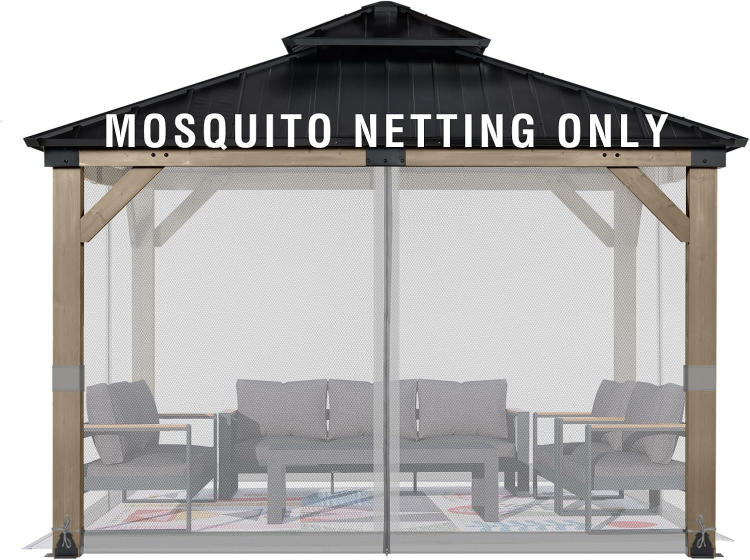 Aoodor Universal 12x12 ft Gazebo Mosquito Netting, Replacement 4-Panel Sidewalls with Double Zippers for Patio, Backyard, Deck, and Lawn (Netting Only, Gray)