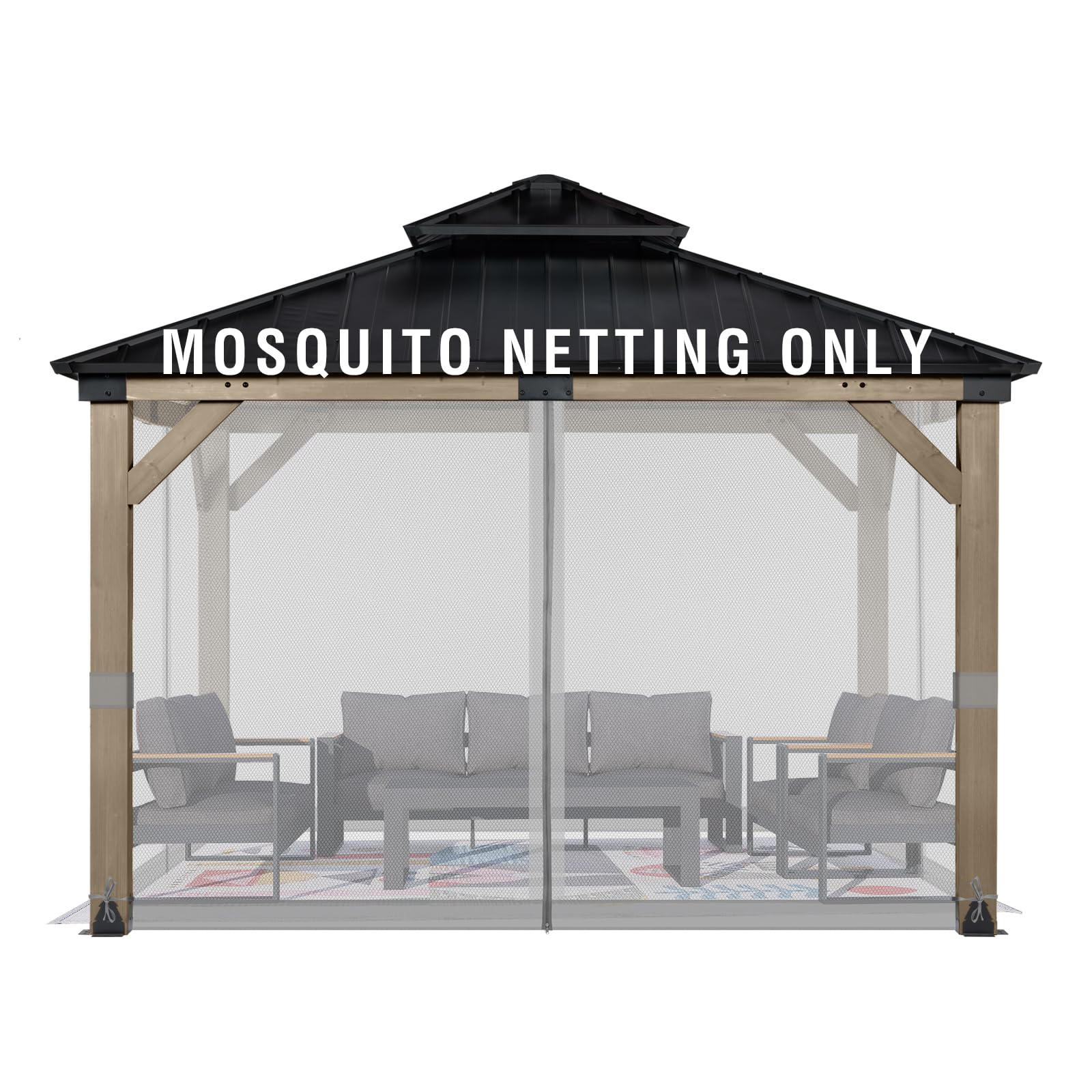 Aoodor Universal 12x12 ft Gazebo Mosquito Netting, Replacement 4-Panel Sidewalls with Double Zippers for Patio, Backyard, Deck, and Lawn (Netting Only, Gray)