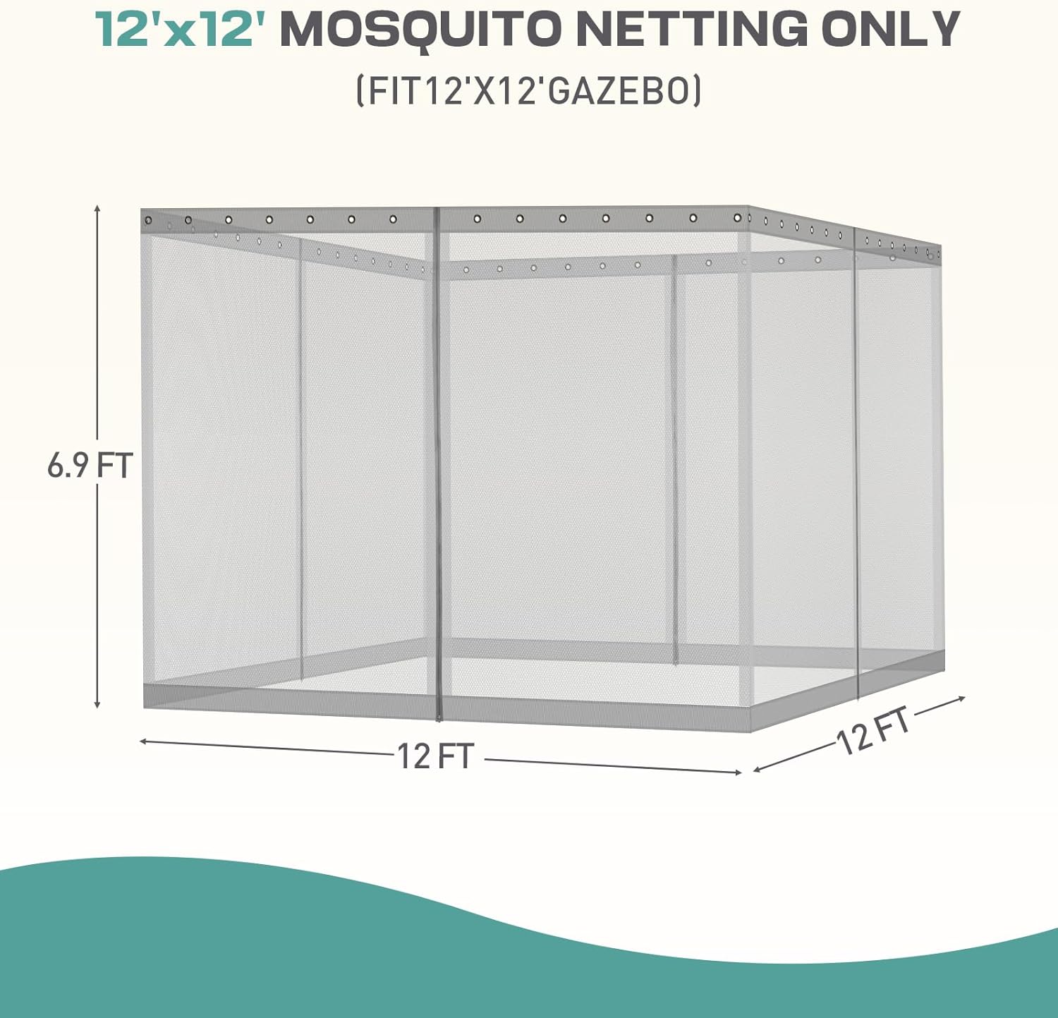 Aoodor Universal 12x12 ft Gazebo Mosquito Netting, Replacement 4-Panel Sidewalls with Double Zippers for Patio, Backyard, Deck, and Lawn (Netting Only, Gray)