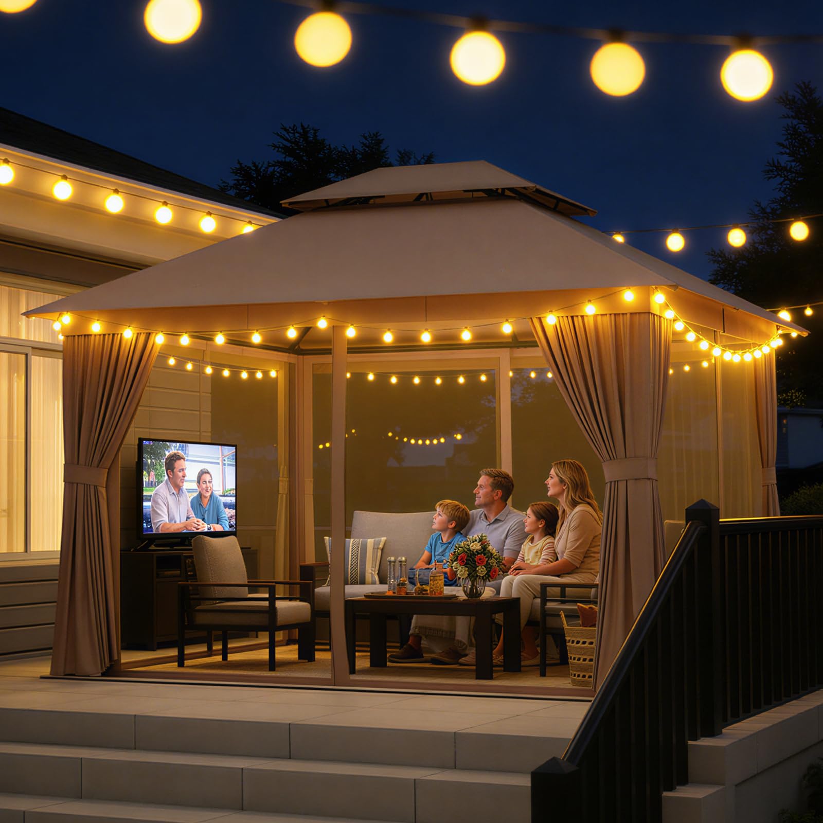 Aoxun Outdoor Gazebo for Patio 10x12, Metal Frame Canopy with Double Roofs, Heavy Duty Party Tent and Shelter with Mosquito Netting and Privacy Screen for Backyard, Lawn, Garden, Deck