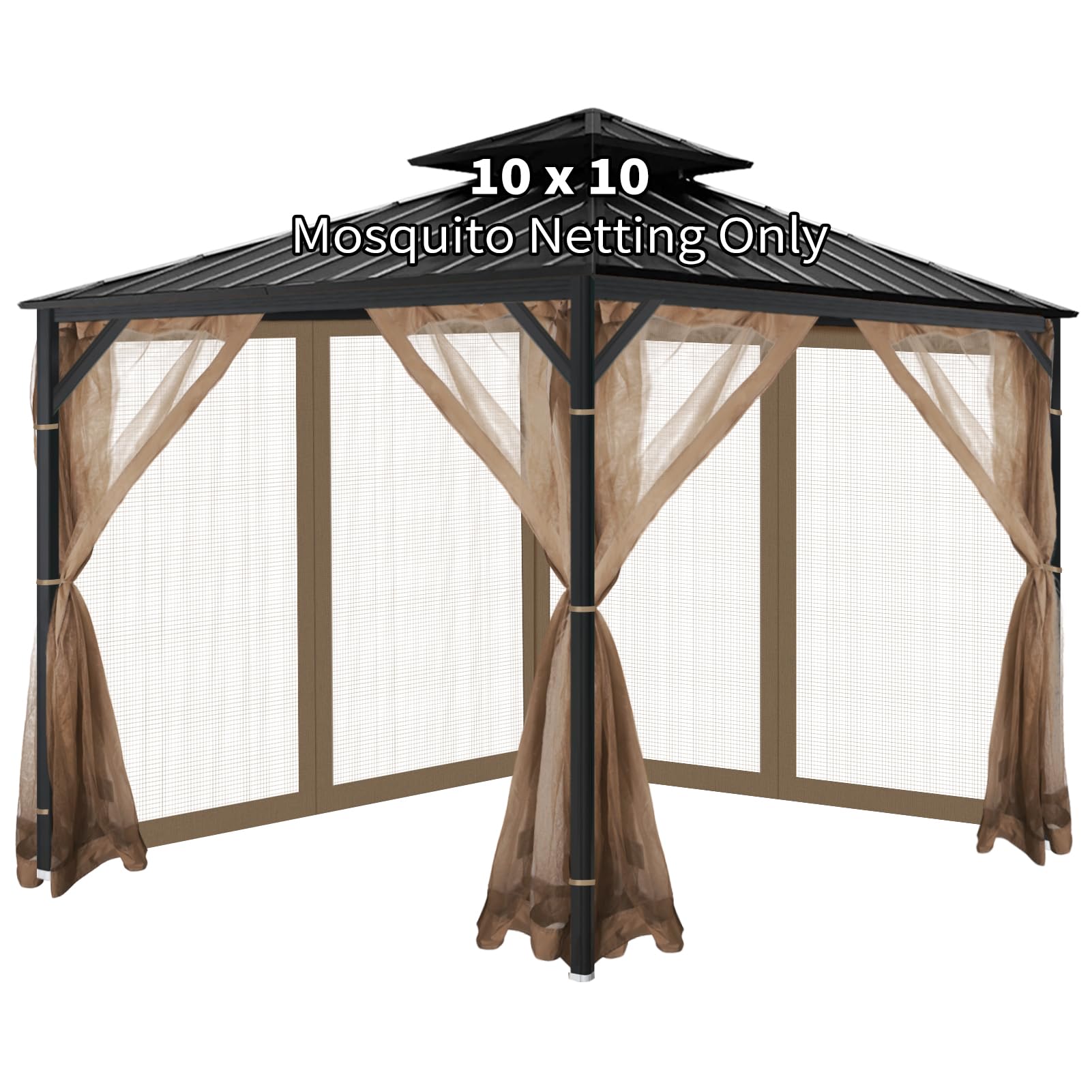 Gazebo Universal Replacement Mosquito Netting, 10'x10' Gazebo Netting Outdoor, 4-Panel Screen Walls for Outdoor Patio with Zipper (Mosquito Net Only) (Brown)