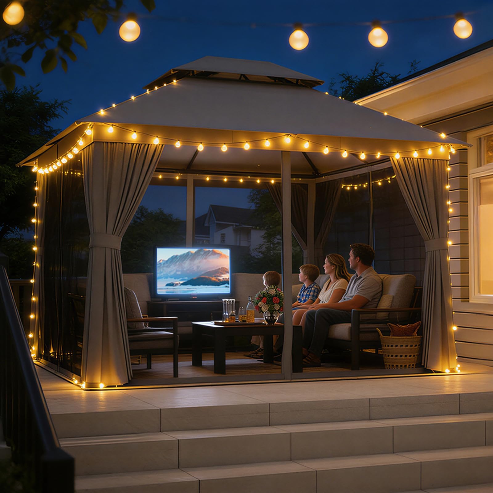 Aoxun Outdoor Gazebo for Patio 10x12, Metal Frame Canopy with Double Roofs, Heavy Duty Party Tent and Shelter with Mosquito Netting and Privacy Screen for Backyard, Lawn, Garden, Deck