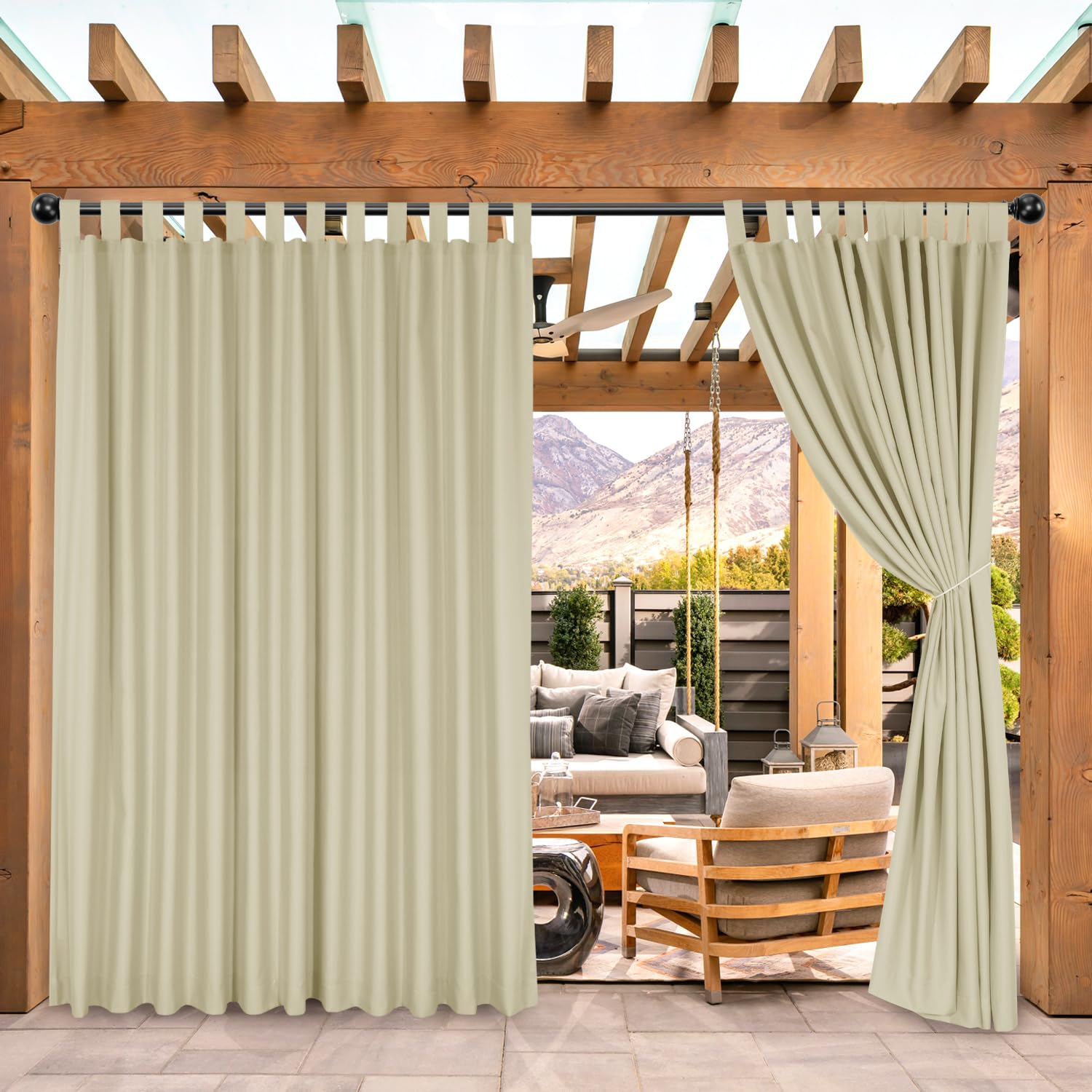 BONZER Outdoor Curtains for Patio Waterproof, Tab Top Weatherproof Outside Curtains for Porch, Pergola, Gazebo, Cabana, Pavilion, 1 Panel, 52x84 Inch, Beige