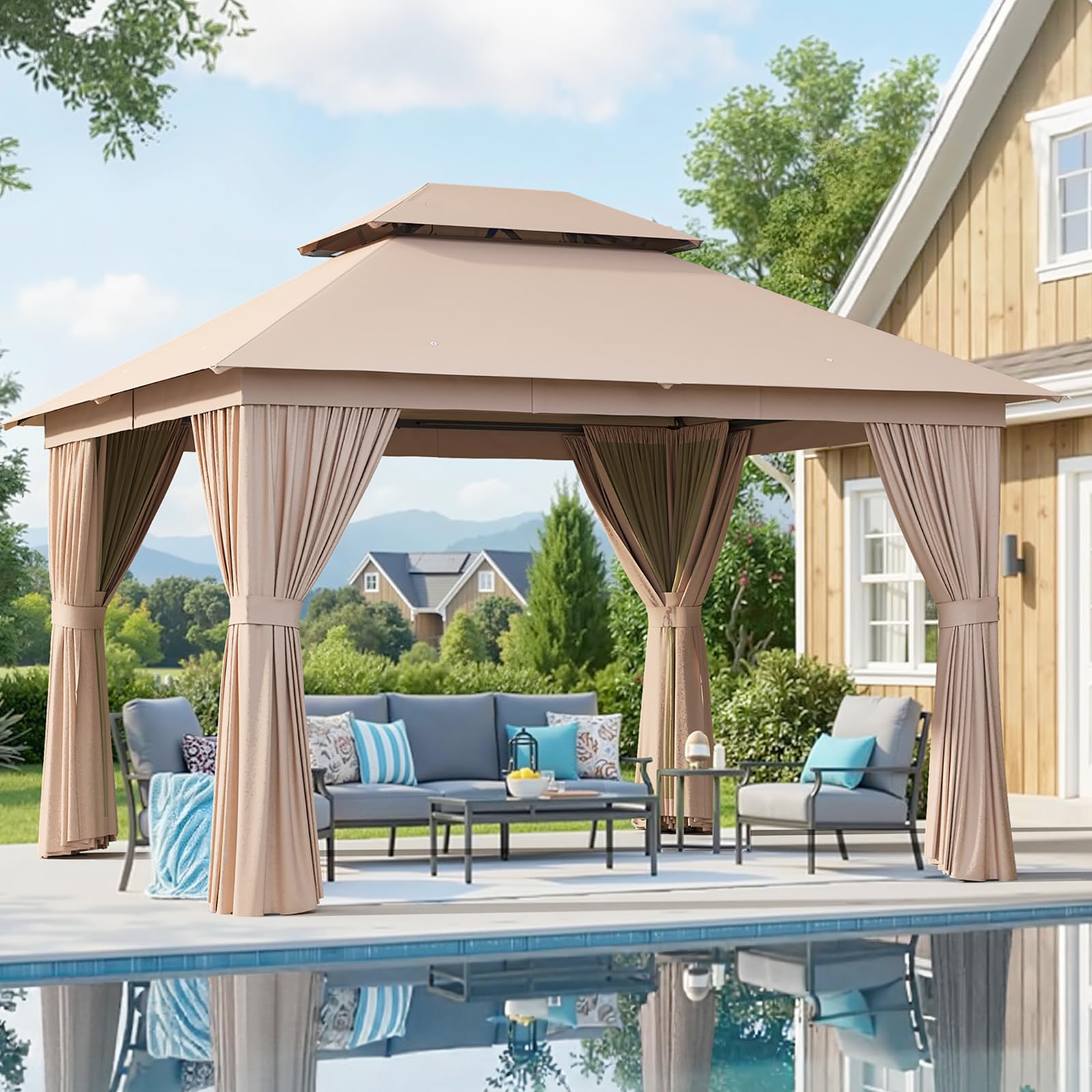 Aoxun Outdoor Gazebo for Patio 10x12, Metal Frame Canopy with Double Roofs, Heavy Duty Party Tent and Shelter with Mosquito Netting and Privacy Screen for Backyard, Lawn, Garden, Deck