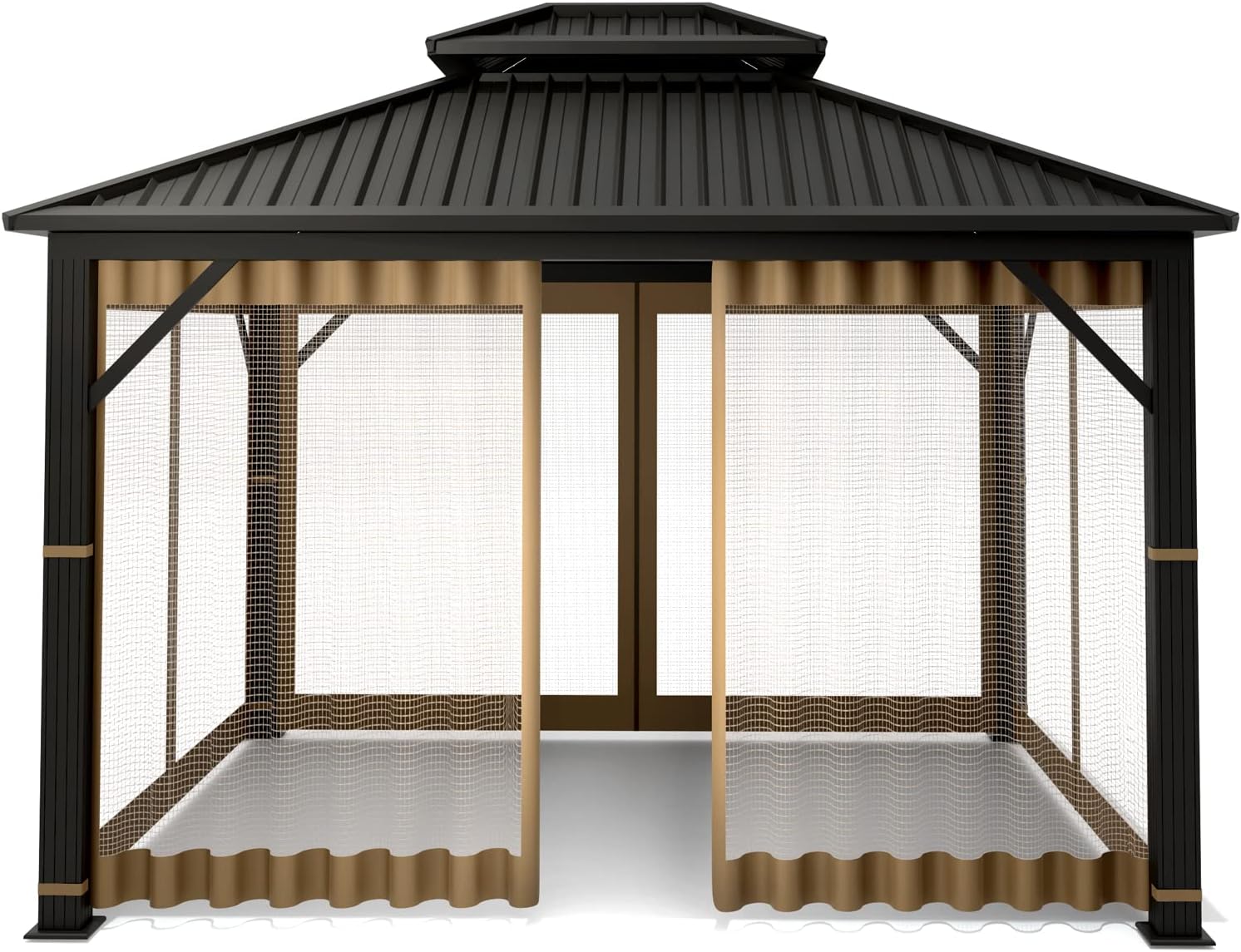 Gazebo Universal Replacement Mosquito Netting – Hugline 10' x 10' Outdoor Mesh Netting Screen 4-Panel Sidewall Curtain with Zipper (Khaki)