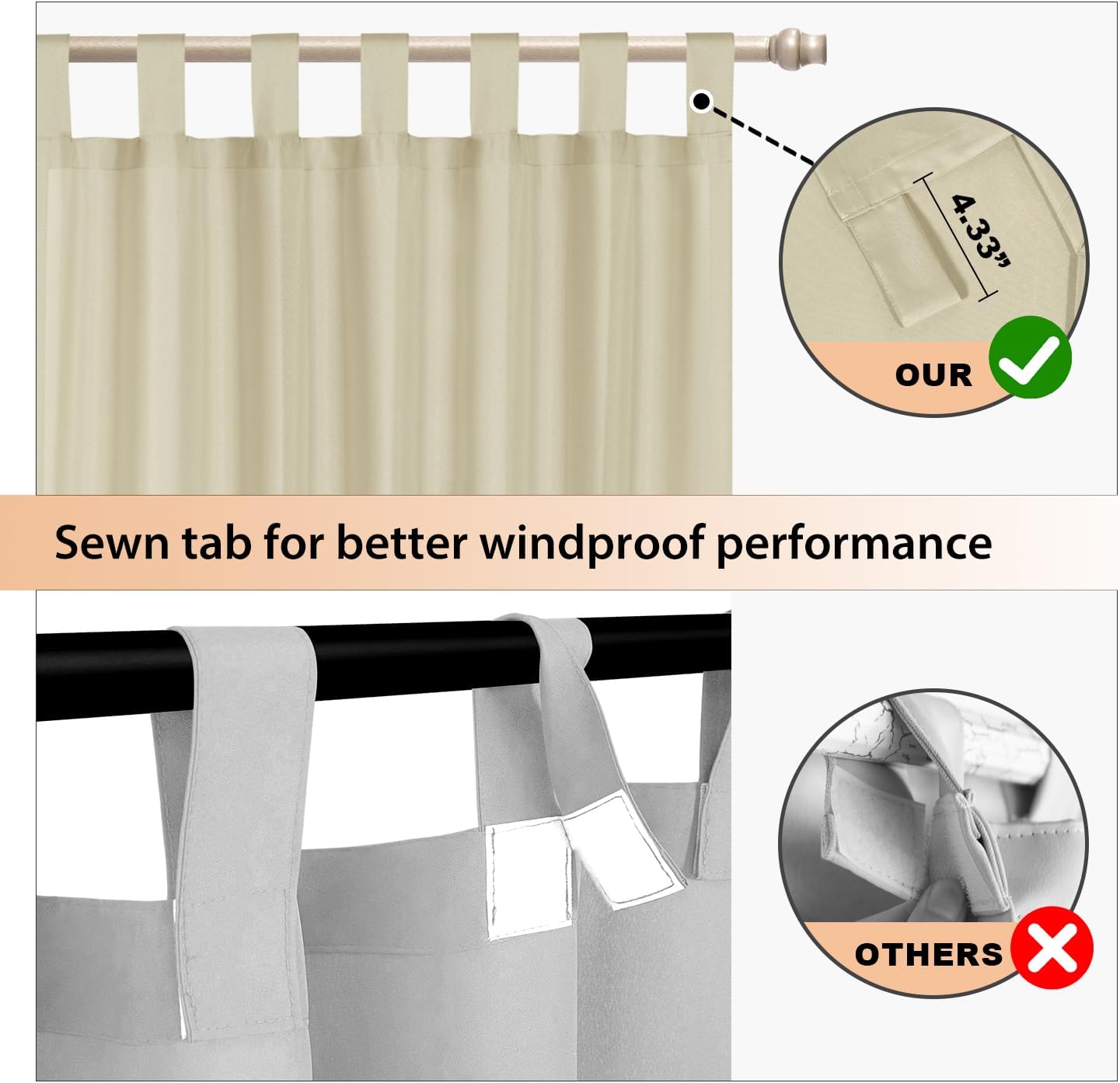 BONZER Outdoor Curtains for Patio Waterproof, Tab Top Weatherproof Outside Curtains for Porch, Pergola, Gazebo, Cabana, Pavilion, 1 Panel, 52x84 Inch, Beige