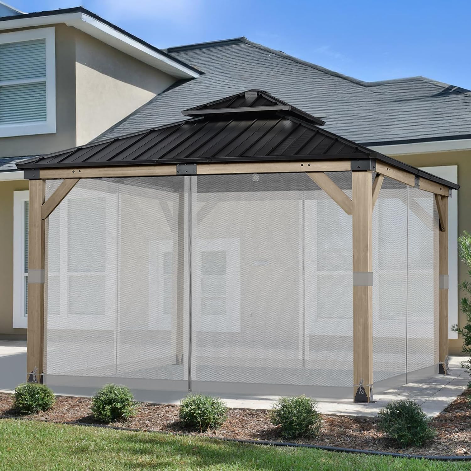 Aoodor Universal 12x12 ft Gazebo Mosquito Netting, Replacement 4-Panel Sidewalls with Double Zippers for Patio, Backyard, Deck, and Lawn (Netting Only, Gray)