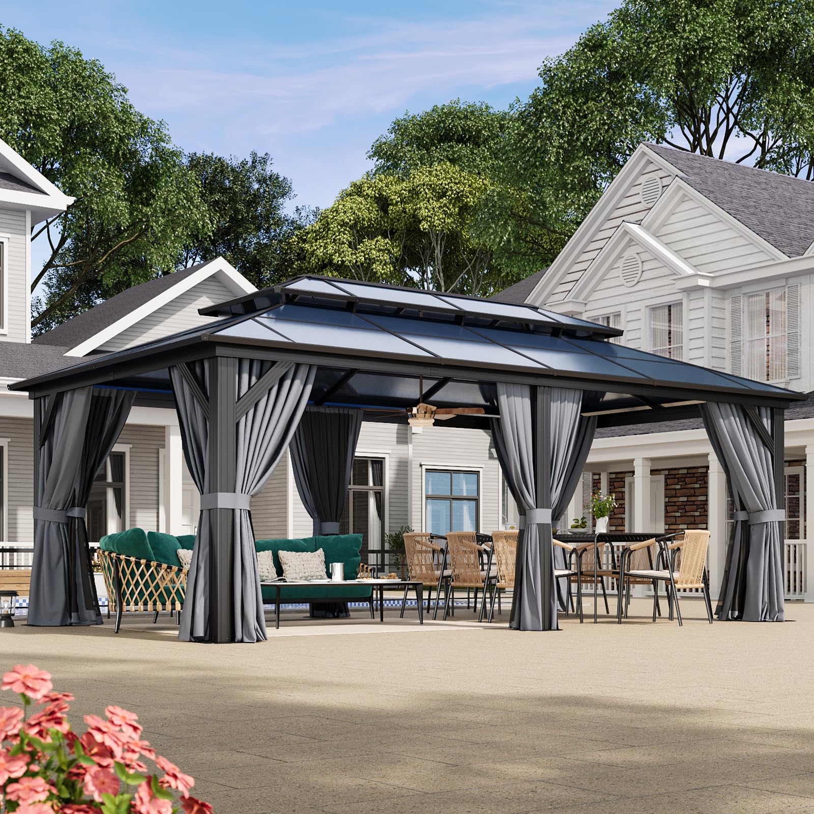 Aoxun 12'x10' Hardtop Gazebo, Aluminum Frame Permanent Pavilion with Curtains and Netting, Outdoor Polycarbonate Double Roof Canopy, Designed for Garden, Lawns, Patio, Brown