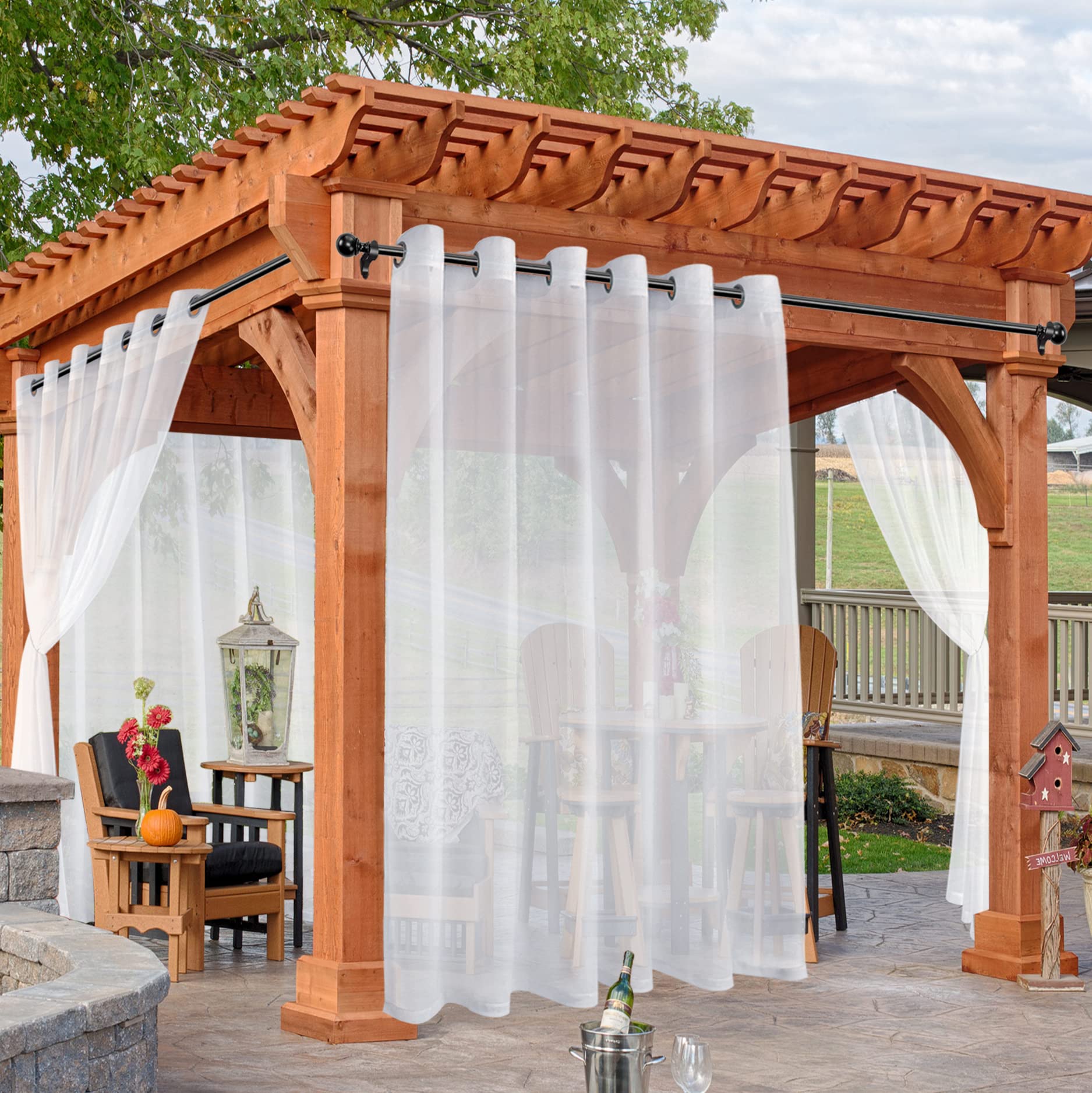 HolidayIdeas White Outdoor Sheer Curtains for Patio Waterproof, 4 Panels - 54 x 84 Inch - Light Filtering Voile Outside Curtains Grommet Drapes for Front Porch, Gazebo, Pergola, Backyard