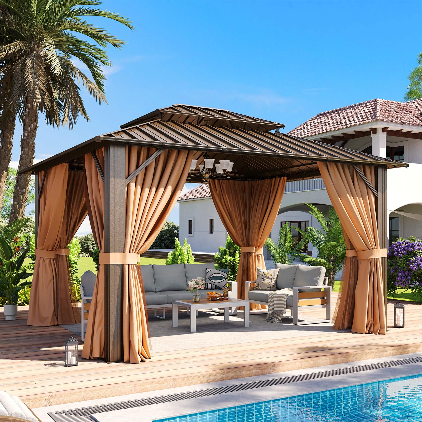 Aoxun 10x12 Gazebo Hardtop Gazebo with Double Galvanized Steel Roof Outdoor Pavilion with Breathable Netting and Privacy Curtain for Backyard (Gray)