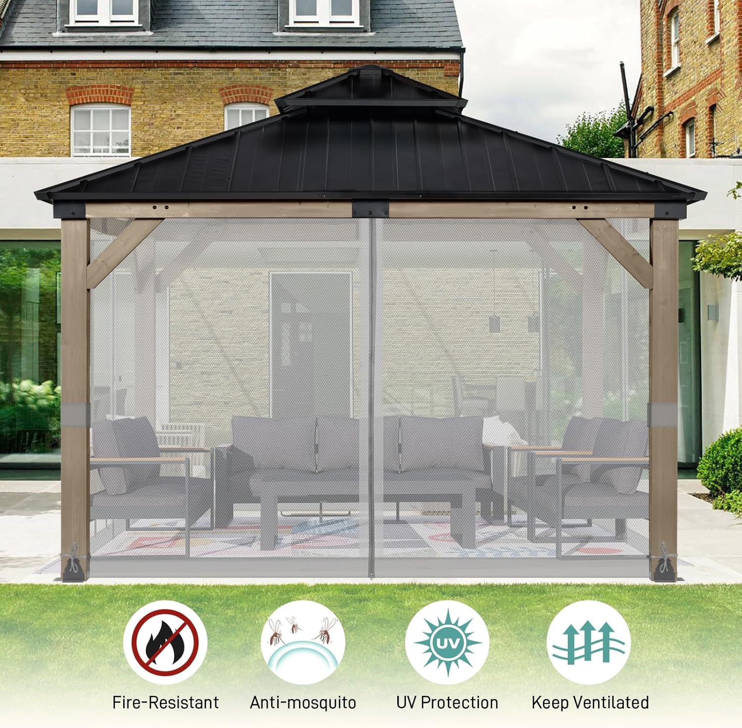 Aoodor Universal 12x12 ft Gazebo Mosquito Netting, Replacement 4-Panel Sidewalls with Double Zippers for Patio, Backyard, Deck, and Lawn (Netting Only, Gray)