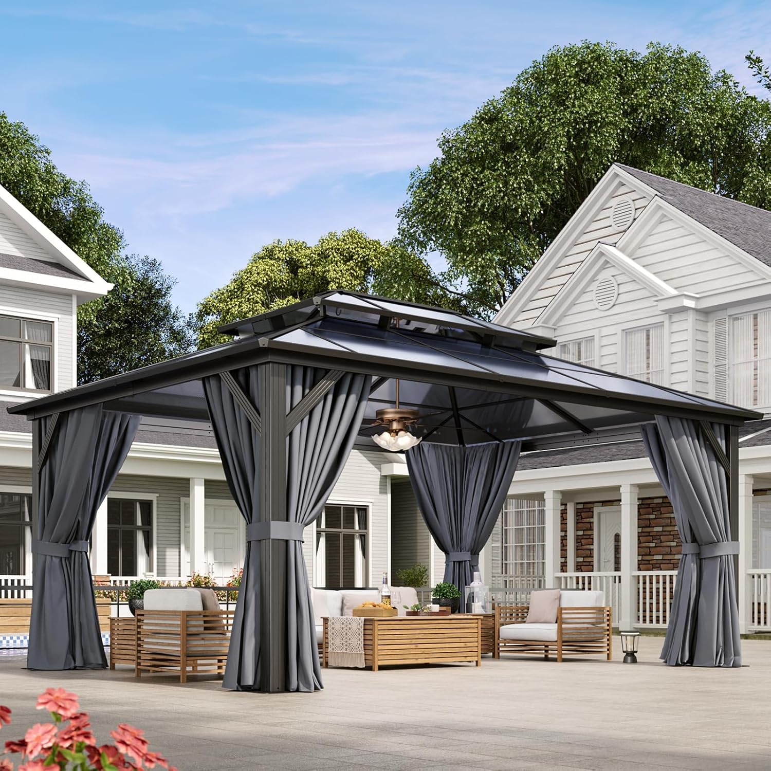 Aoxun 12'x10' Hardtop Gazebo, Aluminum Frame Permanent Pavilion with Curtains and Netting, Outdoor Polycarbonate Double Roof Canopy, Designed for Garden, Lawns, Patio, Brown