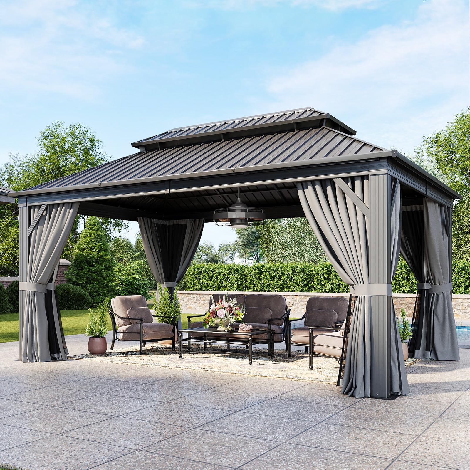 Aoxun 10x12 Gazebo Hardtop Gazebo with Double Galvanized Steel Roof Outdoor Pavilion with Breathable Netting and Privacy Curtain for Backyard (Gray)