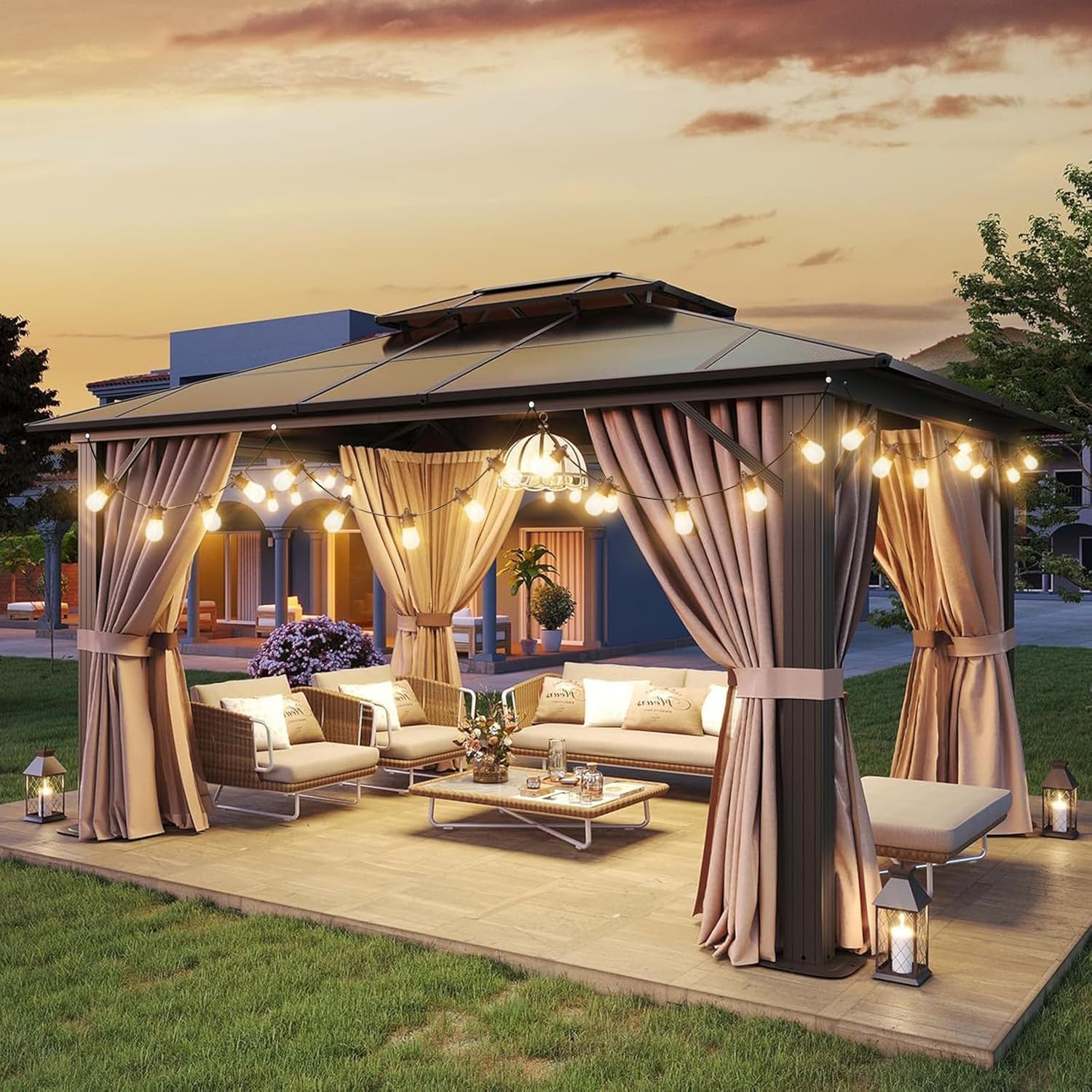 Aoxun 12'x10' Hardtop Gazebo, Aluminum Frame Permanent Pavilion with Curtains and Netting, Outdoor Polycarbonate Double Roof Canopy, Designed for Garden, Lawns, Patio, Brown