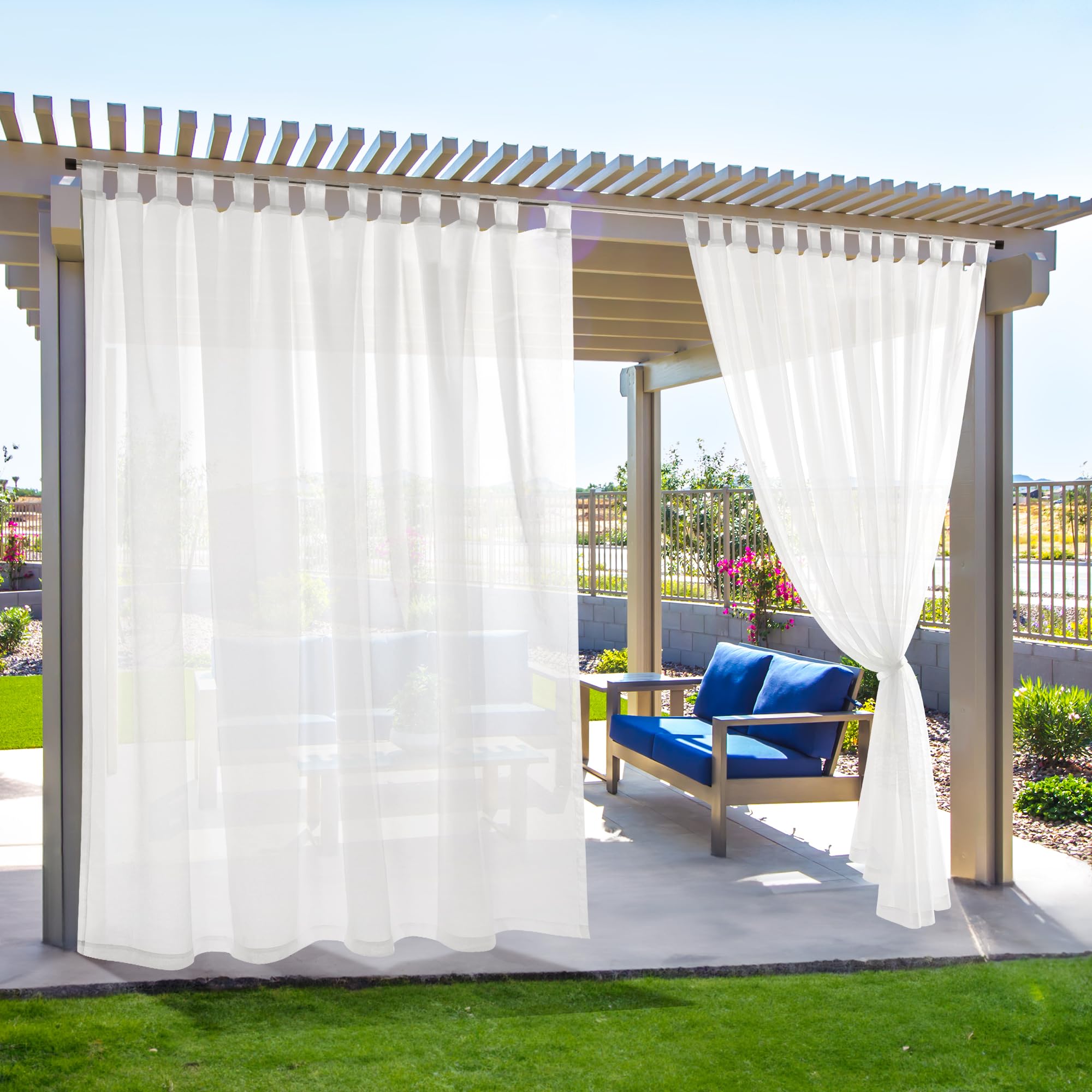 Deconovo Outdoor Sheer Curtains for Patio, Waterproof Voile Curtain Panels, Light Filtering Privacy Drapes for Pergola Gazebo Porch, Indoor Outdoor Use, Back Tab（White, 54x120 Inch, 2 Panels)