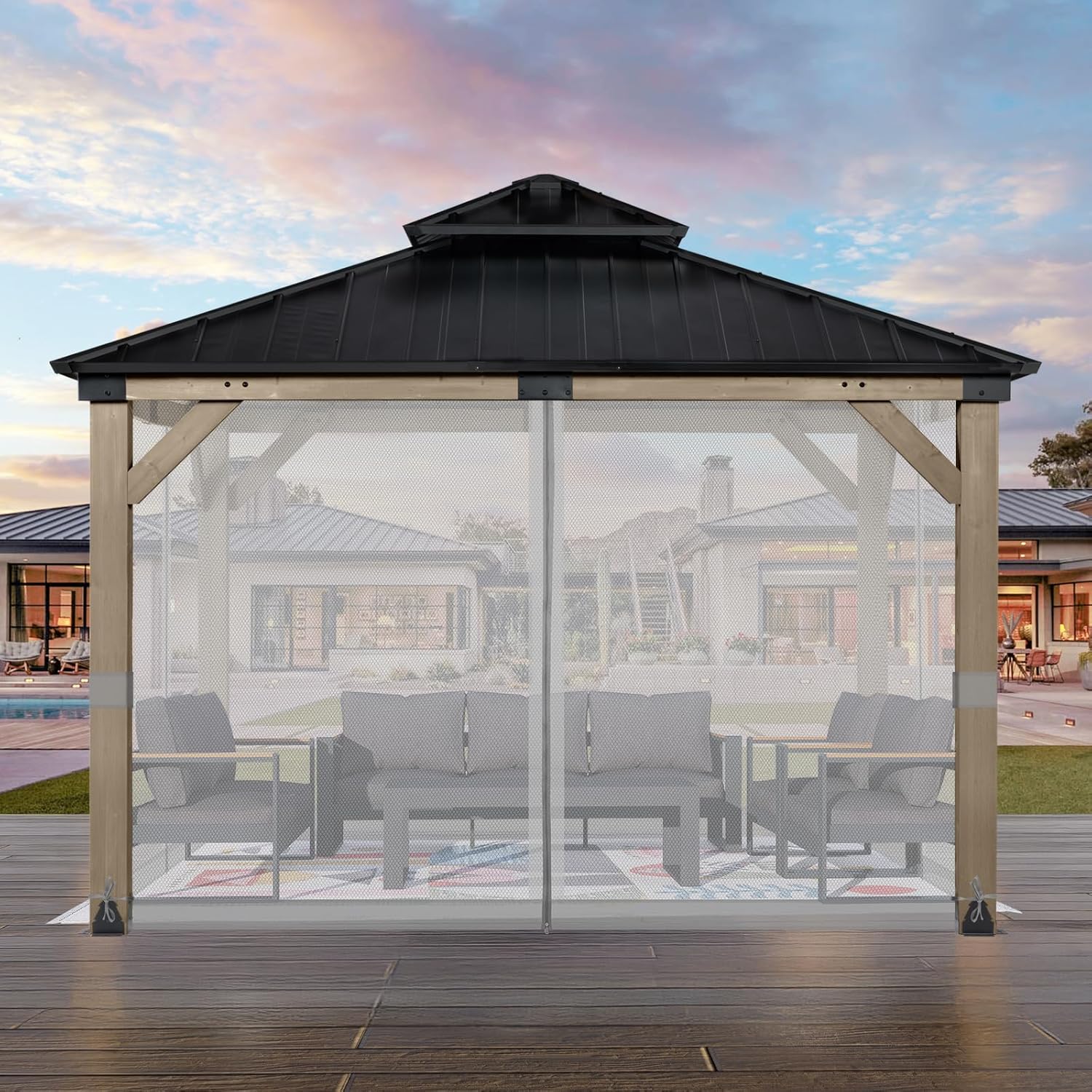 Aoodor Universal 12x12 ft Gazebo Mosquito Netting, Replacement 4-Panel Sidewalls with Double Zippers for Patio, Backyard, Deck, and Lawn (Netting Only, Gray)