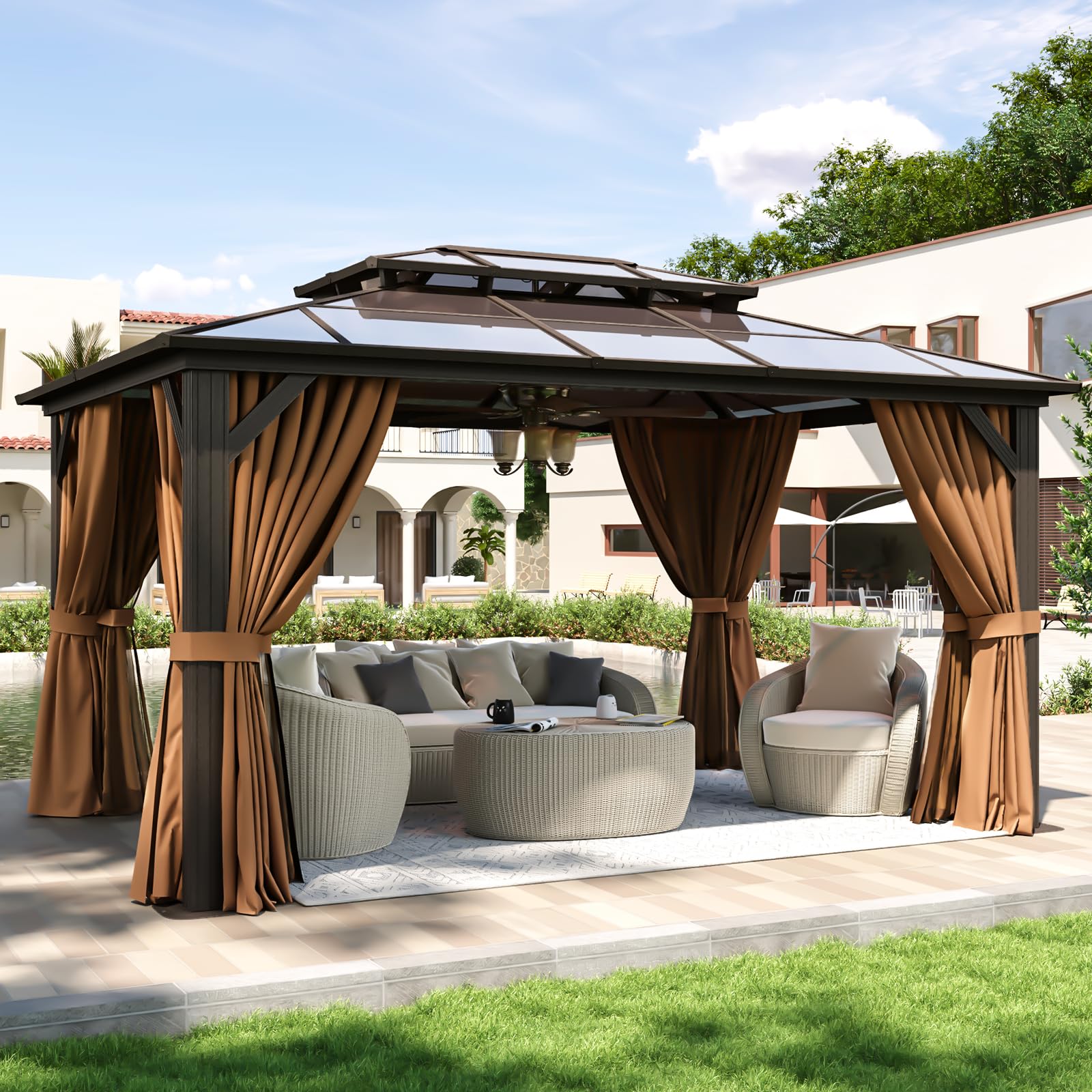 Aoxun 12'x10' Hardtop Gazebo, Aluminum Frame Permanent Pavilion with Curtains and Netting, Outdoor Polycarbonate Double Roof Canopy, Designed for Garden, Lawns, Patio, Brown