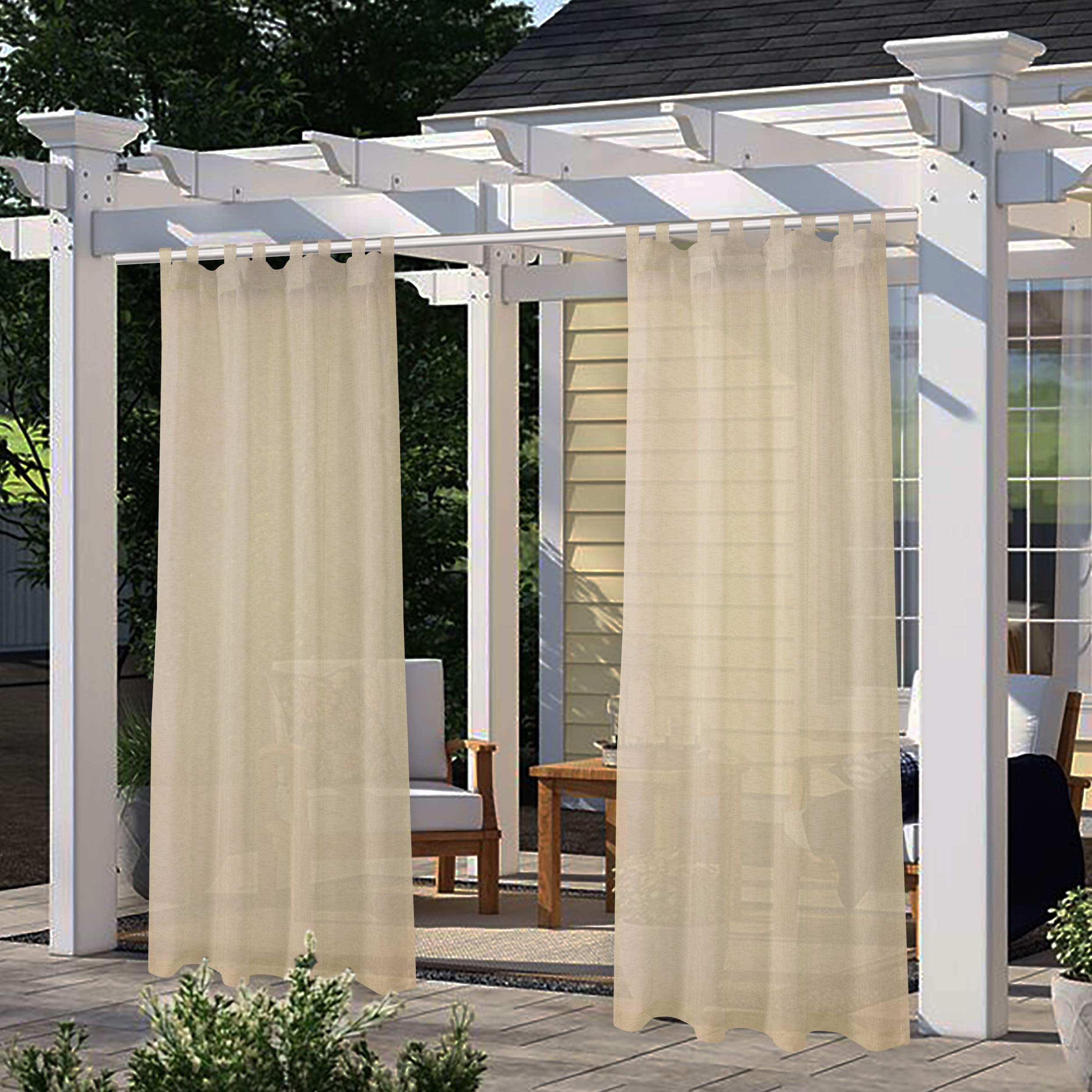 LORDTEX Burlap Linen Look Outdoor Curtain for Patio - 2 Panels Waterproof Tab Top Sheer Curtains for Pergola, Porch, Cabana and Gazebo Indoor/Outdoor Voile Sheer Drapes, 52 x 84 Inch, White