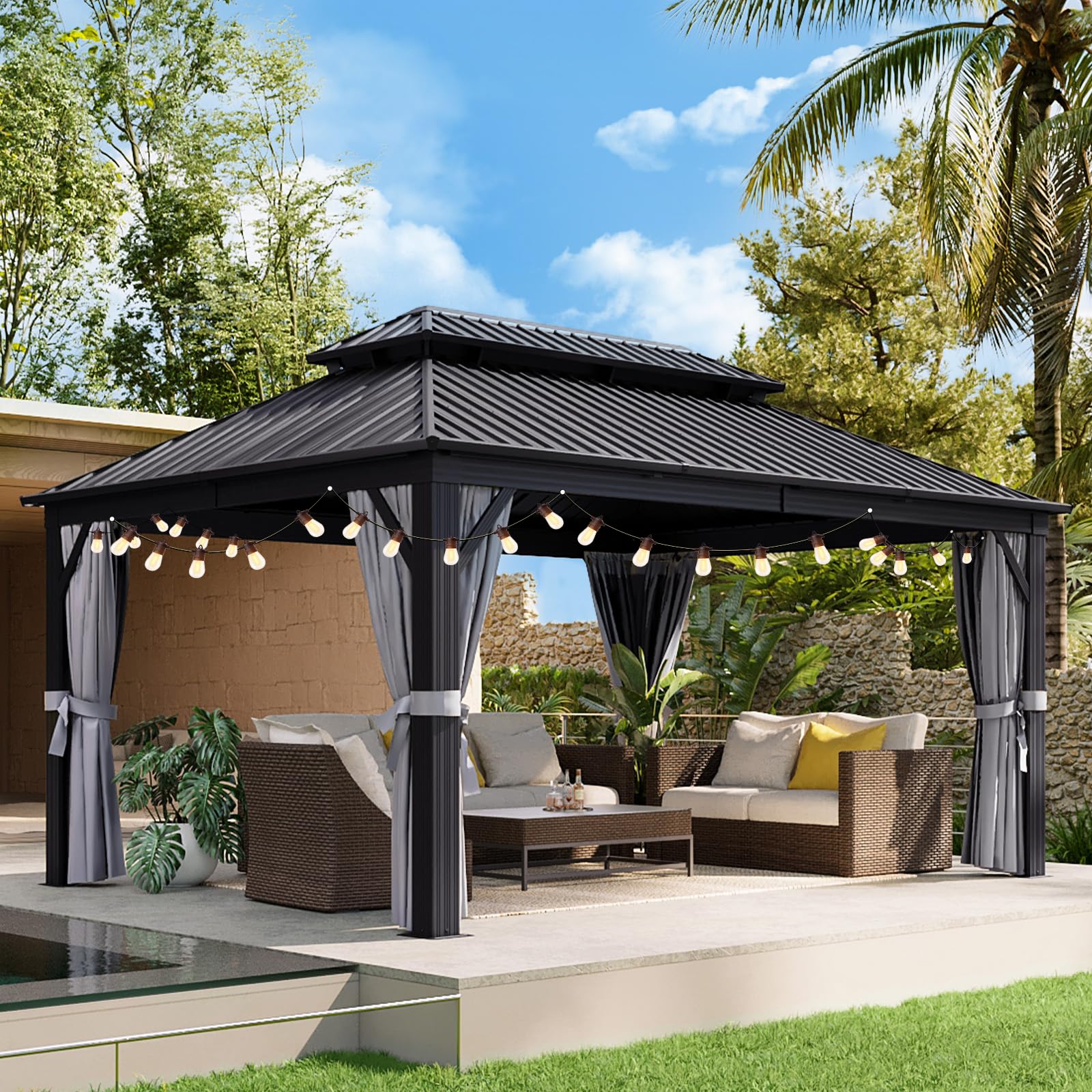 Aoxun 10x12 Gazebo Hardtop Gazebo with Double Galvanized Steel Roof Outdoor Pavilion with Breathable Netting and Privacy Curtain for Backyard (Gray)