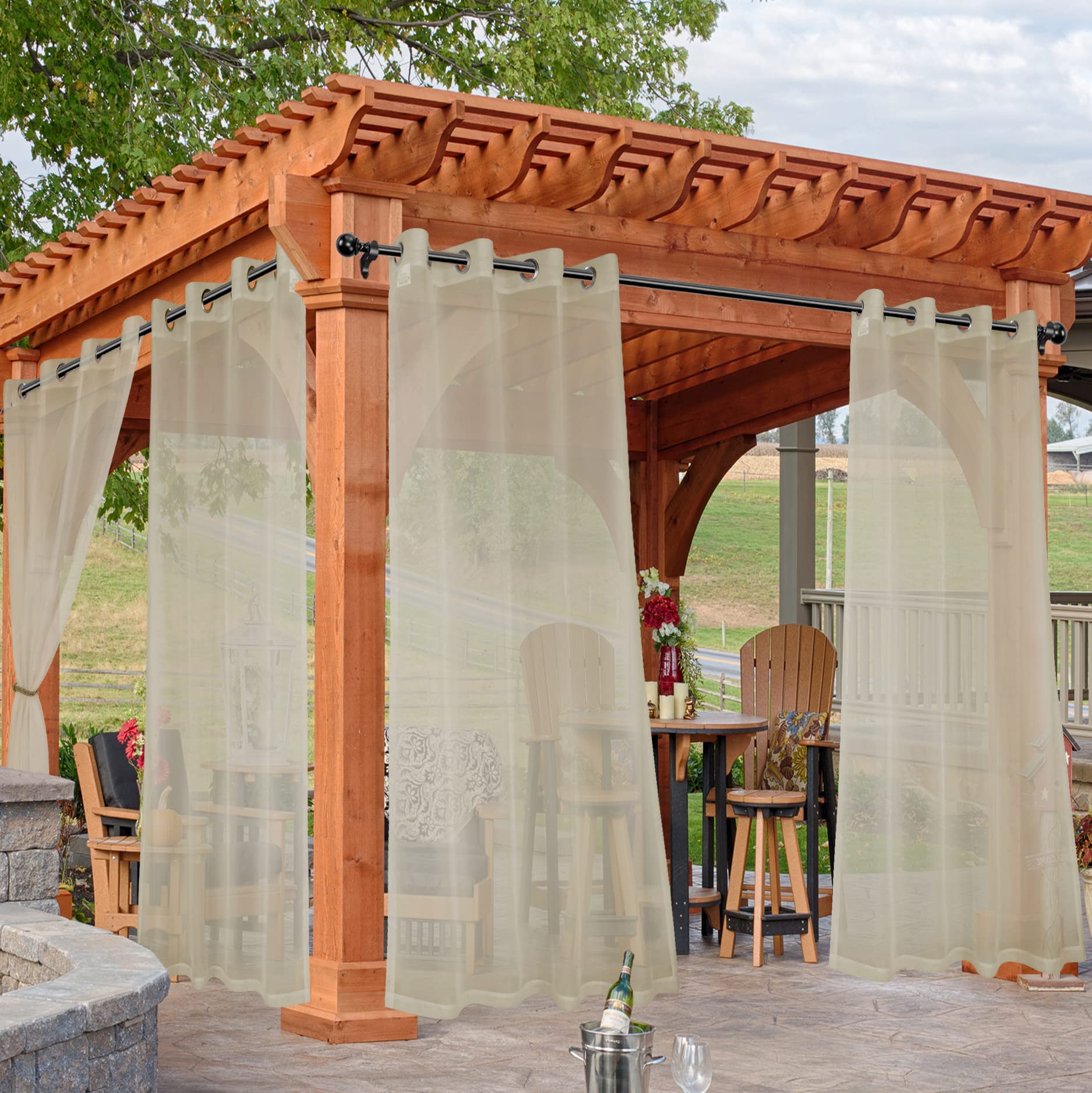 HolidayIdeas White Outdoor Sheer Curtains for Patio Waterproof, 4 Panels - 54 x 84 Inch - Light Filtering Voile Outside Curtains Grommet Drapes for Front Porch, Gazebo, Pergola, Backyard