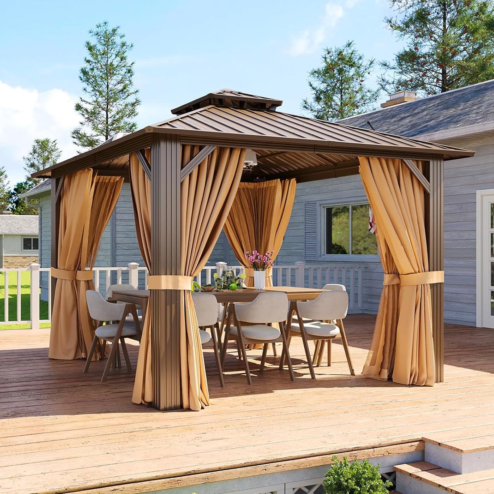 Aoxun 10x12 Gazebo Hardtop Gazebo with Double Galvanized Steel Roof Outdoor Pavilion with Breathable Netting and Privacy Curtain for Backyard (Gray)