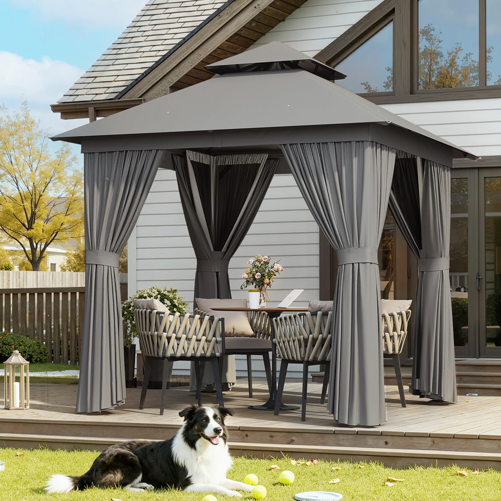 Aoxun Outdoor Gazebo for Patio 10x12, Metal Frame Canopy with Double Roofs, Heavy Duty Party Tent and Shelter with Mosquito Netting and Privacy Screen for Backyard, Lawn, Garden, Deck
