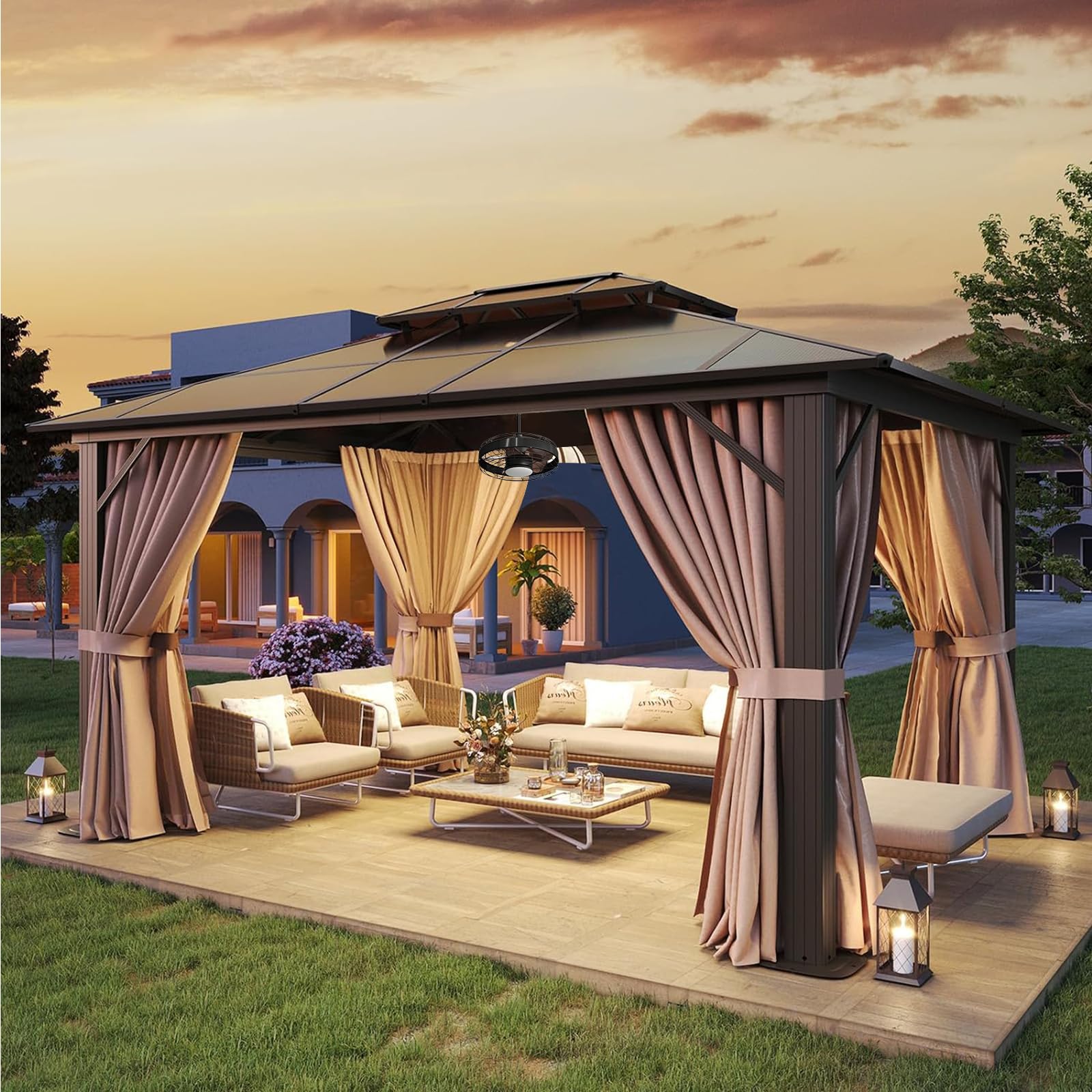 Aoxun 12'x10' Hardtop Gazebo, Aluminum Frame Permanent Pavilion with Curtains and Netting, Outdoor Polycarbonate Double Roof Canopy, Designed for Garden, Lawns, Patio, Brown
