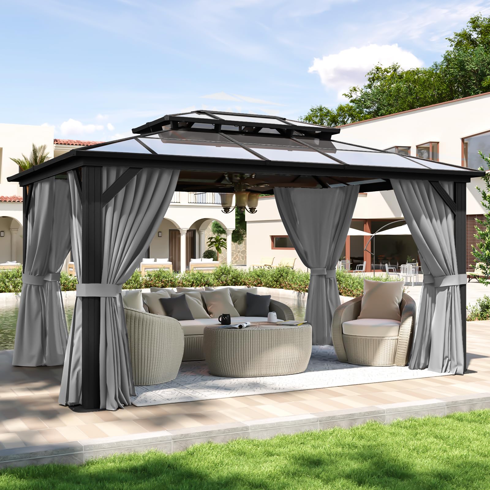 Aoxun 12'x10' Hardtop Gazebo, Aluminum Frame Permanent Pavilion with Curtains and Netting, Outdoor Polycarbonate Double Roof Canopy, Designed for Garden, Lawns, Patio, Brown