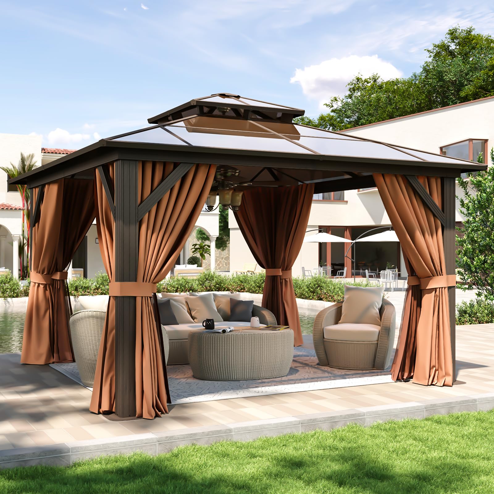 Aoxun 12'x10' Hardtop Gazebo, Aluminum Frame Permanent Pavilion with Curtains and Netting, Outdoor Polycarbonate Double Roof Canopy, Designed for Garden, Lawns, Patio, Brown