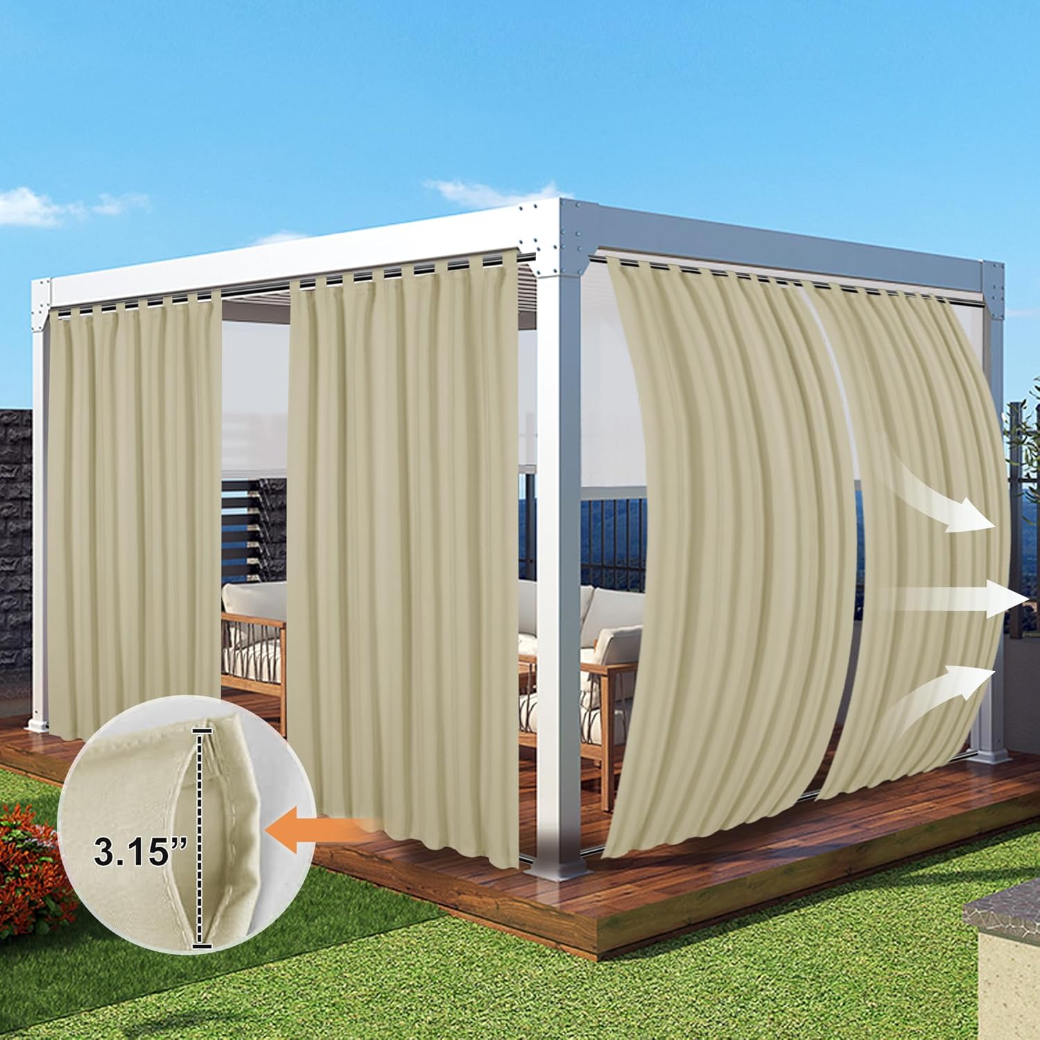 BONZER Outdoor Curtains for Patio Waterproof, Tab Top Weatherproof Outside Curtains for Porch, Pergola, Gazebo, Cabana, Pavilion, 1 Panel, 52x84 Inch, Beige