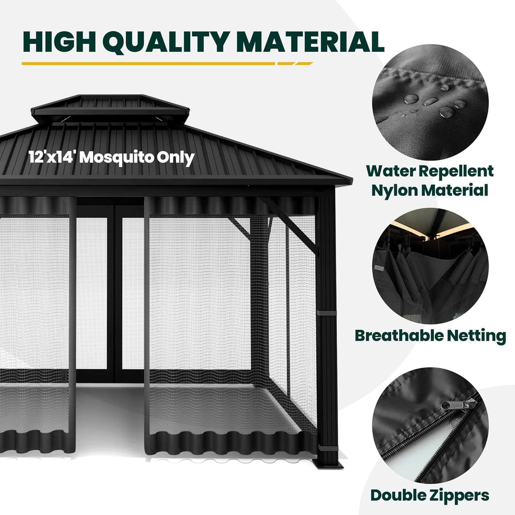 Gazebo Universal Replacement Mosquito Netting, Upgrade 12' x 14' Outdoor Canopy Net Screen 4-Panel Sidewall Curtain, with Zippers, Easy to Install, Fit for Most Gazebo 12x14 Canopy, Black
