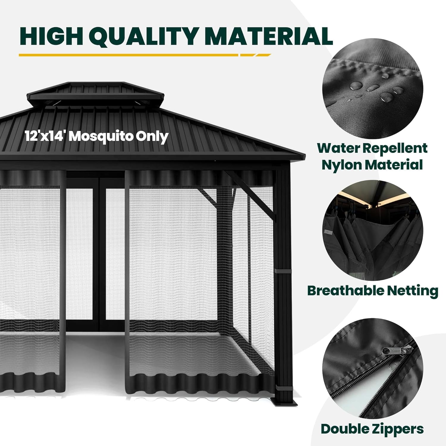 Gazebo Universal Replacement Mosquito Netting, Upgrade 12' x 14' Outdoor Canopy Net Screen 4-Panel Sidewall Curtain, with Zippers, Easy to Install, Fit for Most Gazebo 12x14 Canopy, Black