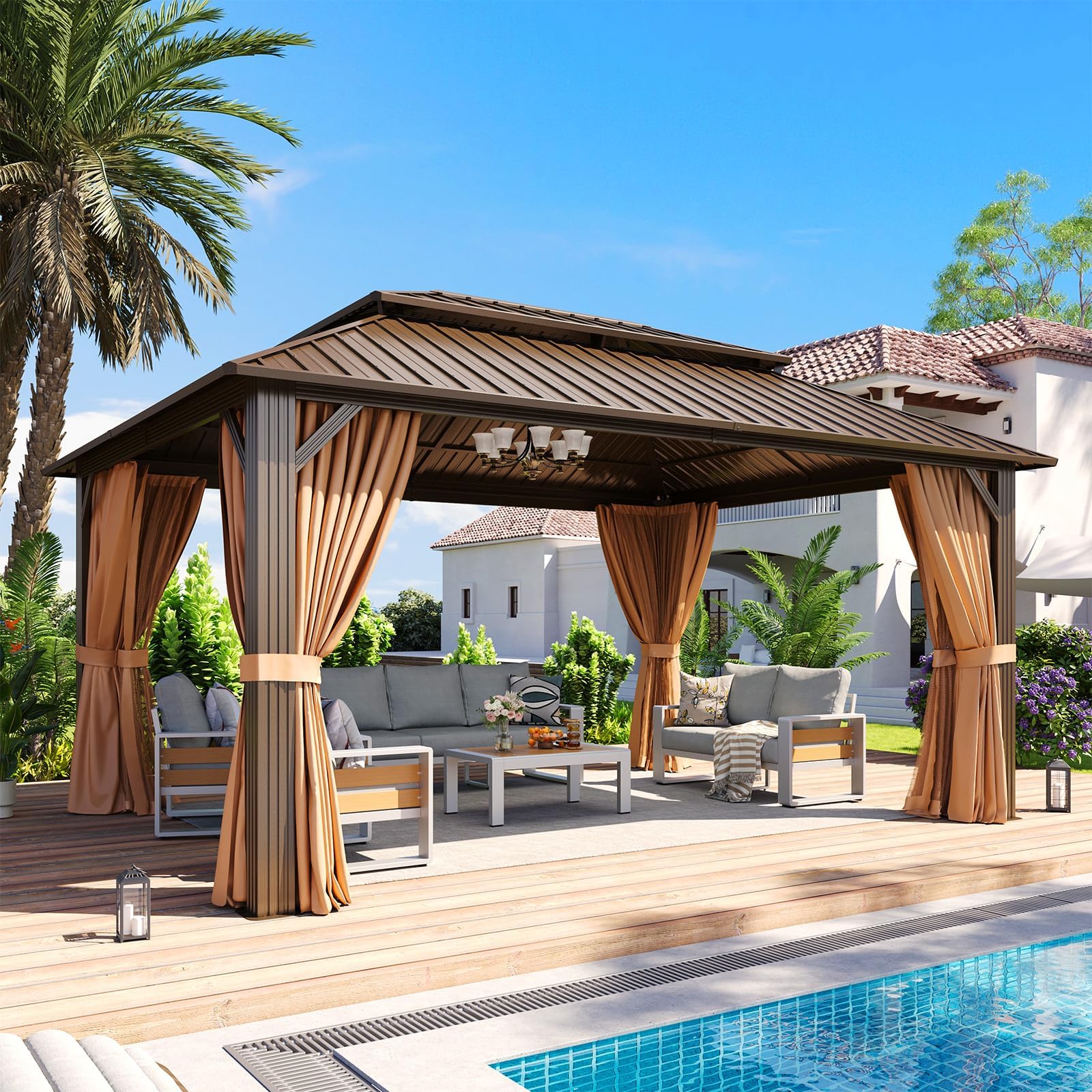 Aoxun 10x12 Gazebo Hardtop Gazebo with Double Galvanized Steel Roof Outdoor Pavilion with Breathable Netting and Privacy Curtain for Backyard (Gray)