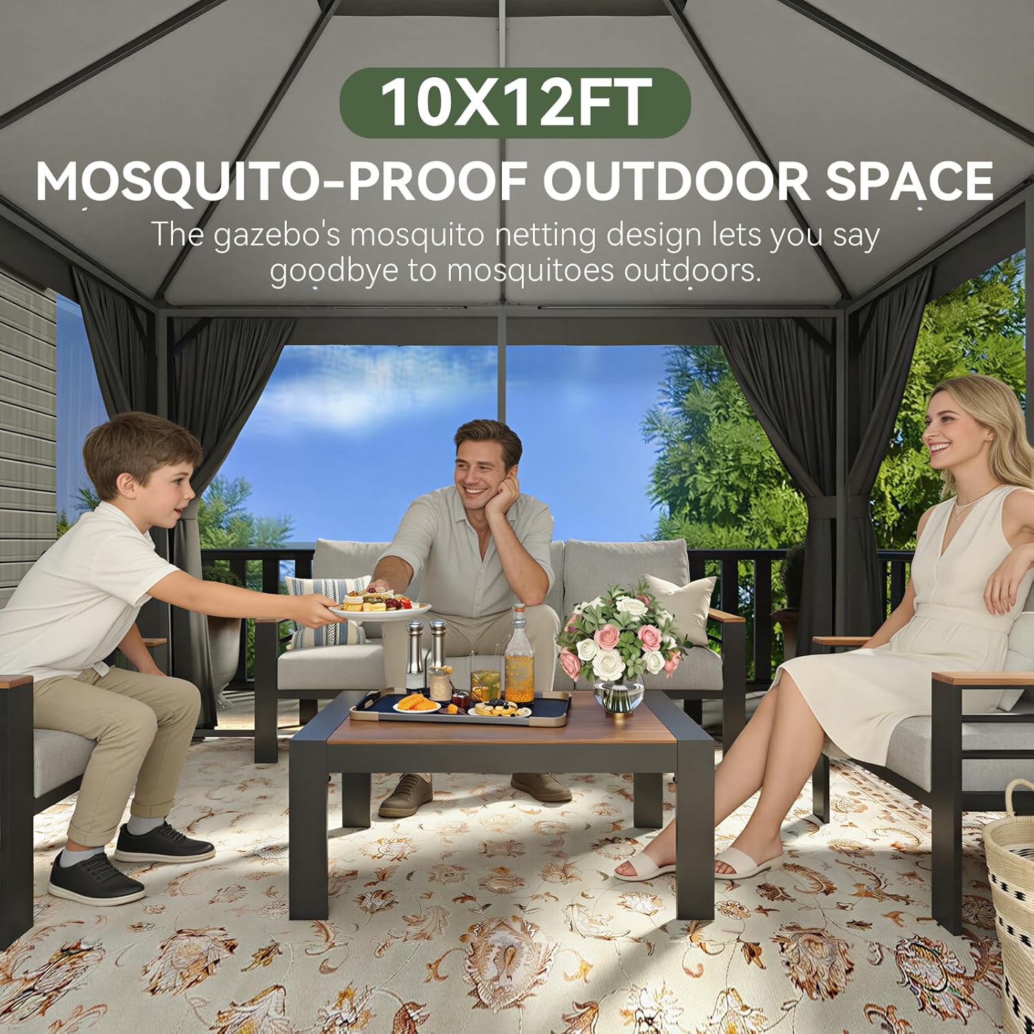 Aoxun Outdoor Gazebo for Patio 10x12, Metal Frame Canopy with Double Roofs, Heavy Duty Party Tent and Shelter with Mosquito Netting and Privacy Screen for Backyard, Lawn, Garden, Deck