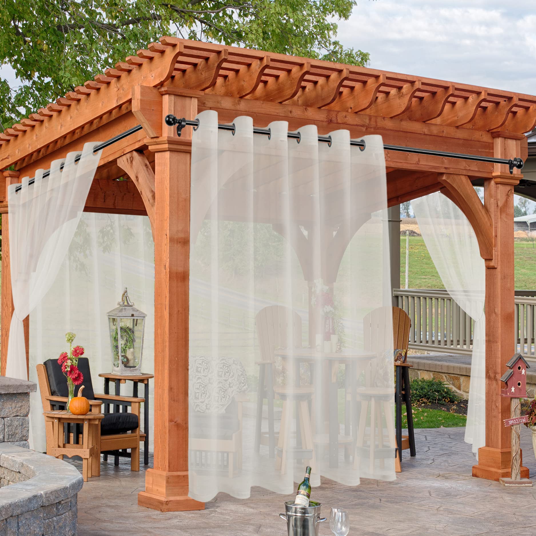 HolidayIdeas White Outdoor Sheer Curtains for Patio Waterproof, 4 Panels - 54 x 84 Inch - Light Filtering Voile Outside Curtains Grommet Drapes for Front Porch, Gazebo, Pergola, Backyard