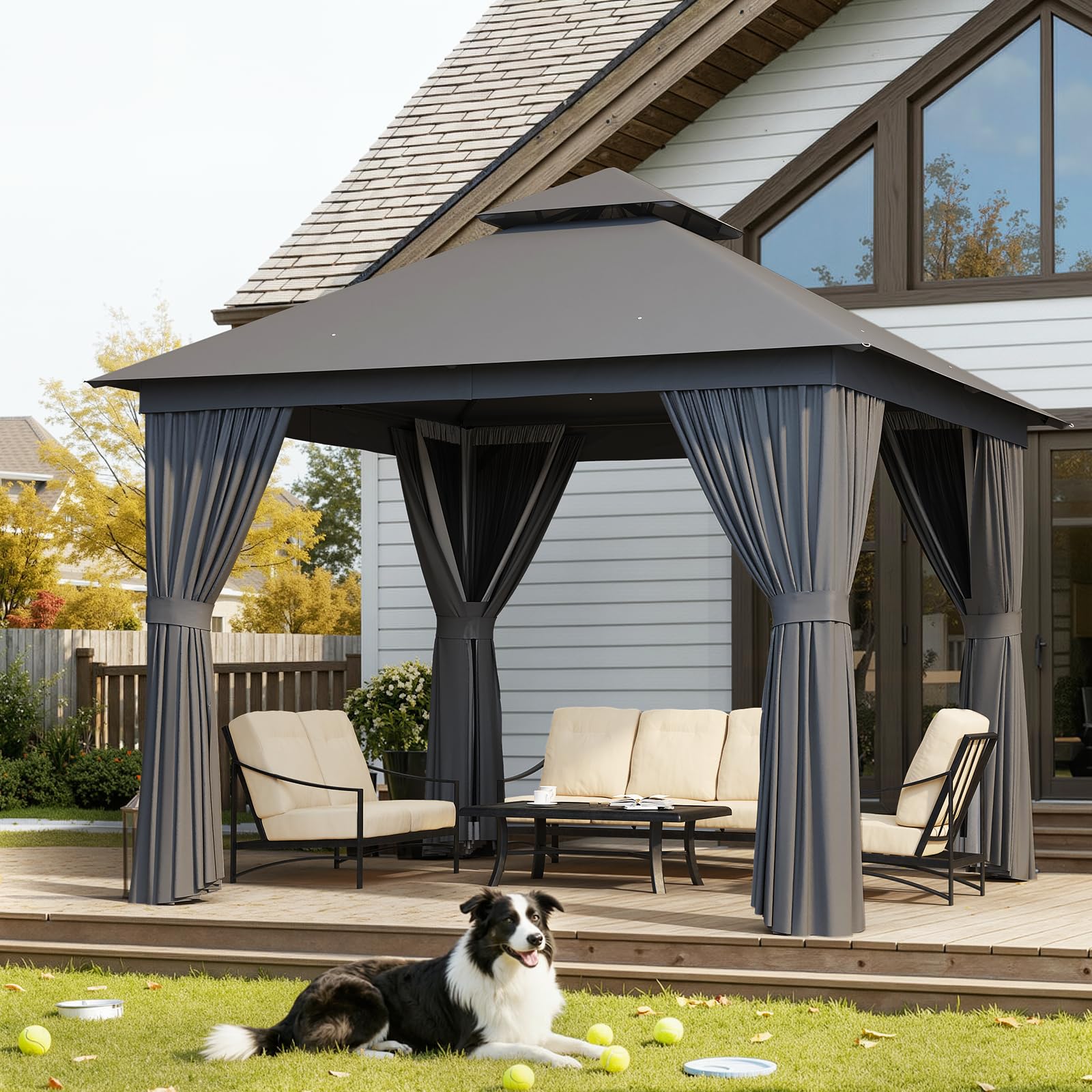 Aoxun Outdoor Gazebo for Patio 10x12, Metal Frame Canopy with Double Roofs, Heavy Duty Party Tent and Shelter with Mosquito Netting and Privacy Screen for Backyard, Lawn, Garden, Deck