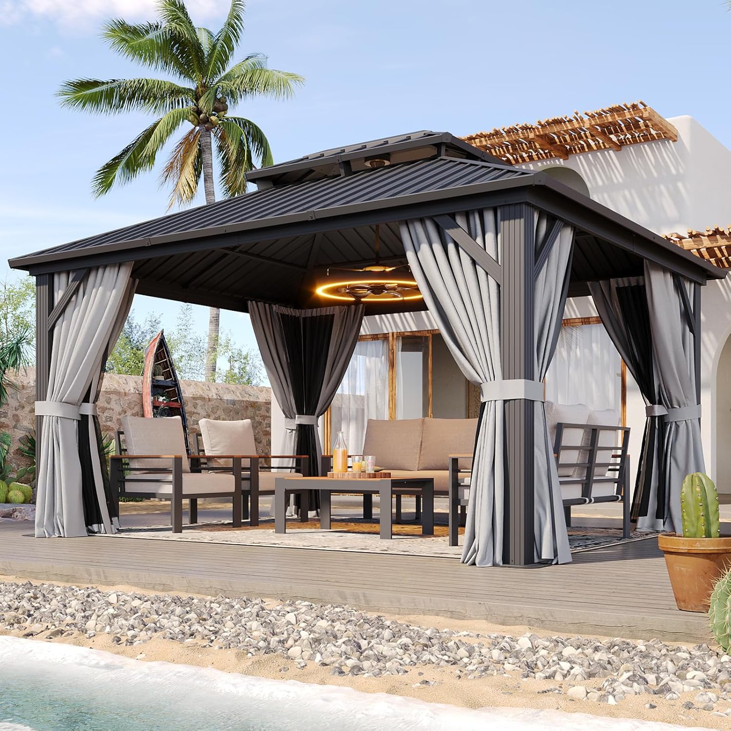 Aoxun 10x12 Gazebo Hardtop Gazebo with Double Galvanized Steel Roof Outdoor Pavilion with Breathable Netting and Privacy Curtain for Backyard (Gray)