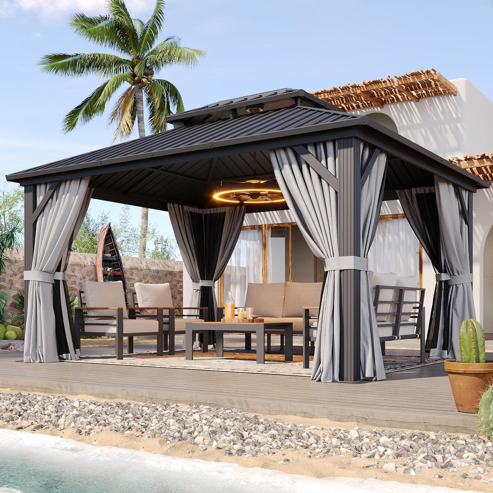 Aoxun 10x12 Gazebo Hardtop Gazebo with Double Galvanized Steel Roof Outdoor Pavilion with Breathable Netting and Privacy Curtain for Backyard (Gray)