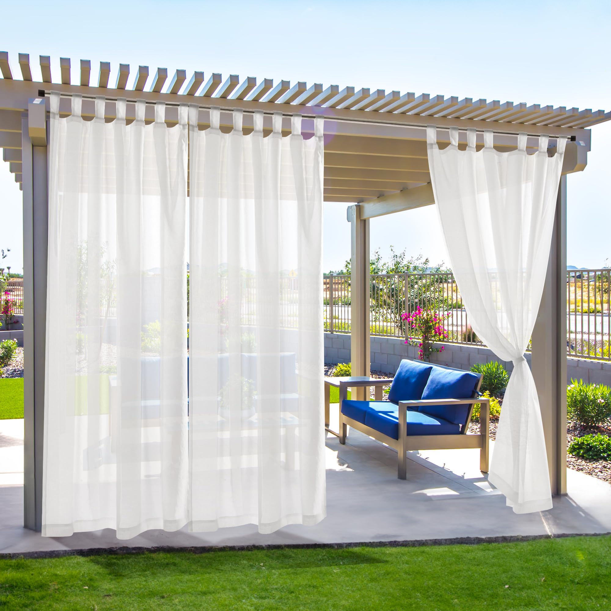 Deconovo Outdoor Sheer Curtains for Patio, Waterproof Voile Curtain Panels, Light Filtering Privacy Drapes for Pergola Gazebo Porch, Indoor Outdoor Use, Back Tab（White, 54x120 Inch, 2 Panels)