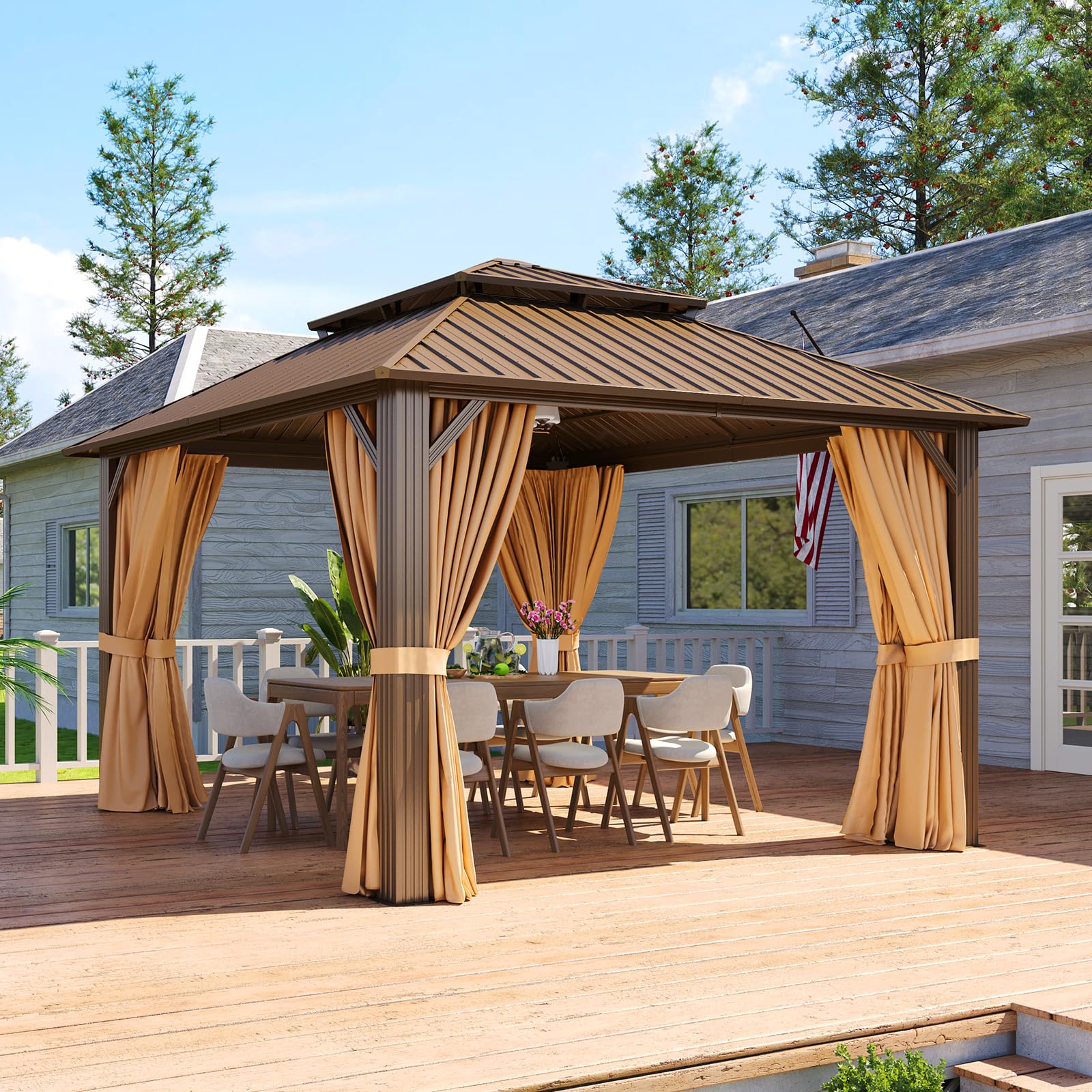 Aoxun 10x12 Gazebo Hardtop Gazebo with Double Galvanized Steel Roof Outdoor Pavilion with Breathable Netting and Privacy Curtain for Backyard (Gray)