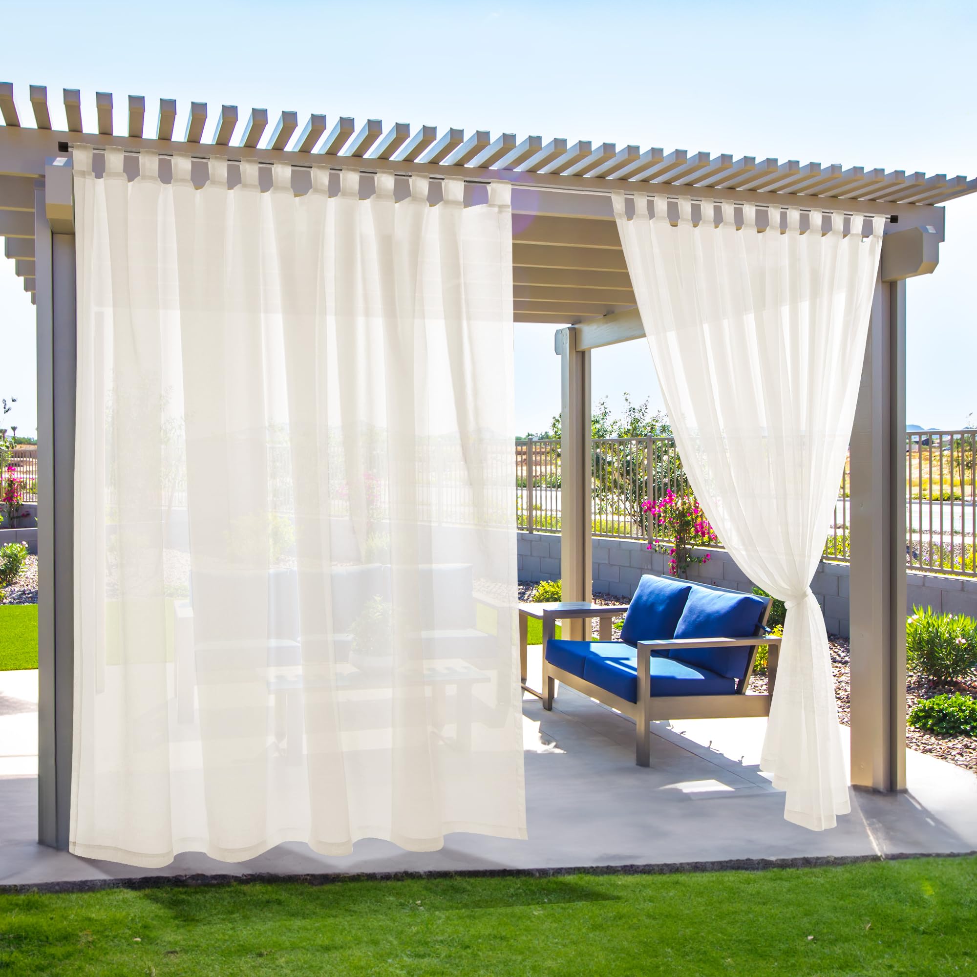 Deconovo Outdoor Sheer Curtains for Patio, Waterproof Voile Curtain Panels, Light Filtering Privacy Drapes for Pergola Gazebo Porch, Indoor Outdoor Use, Back Tab（White, 54x120 Inch, 2 Panels)