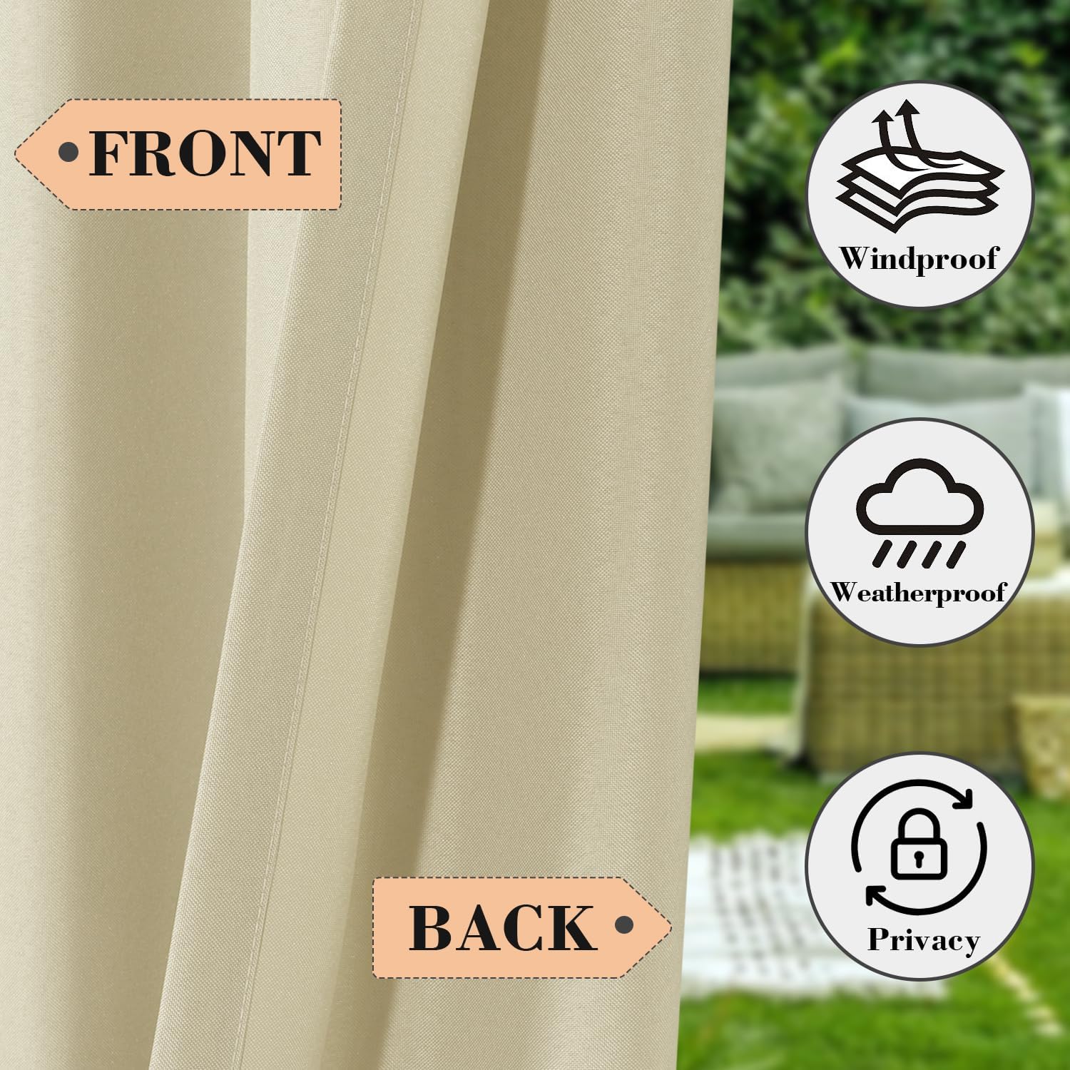 BONZER Outdoor Curtains for Patio Waterproof, Tab Top Weatherproof Outside Curtains for Porch, Pergola, Gazebo, Cabana, Pavilion, 1 Panel, 52x84 Inch, Beige